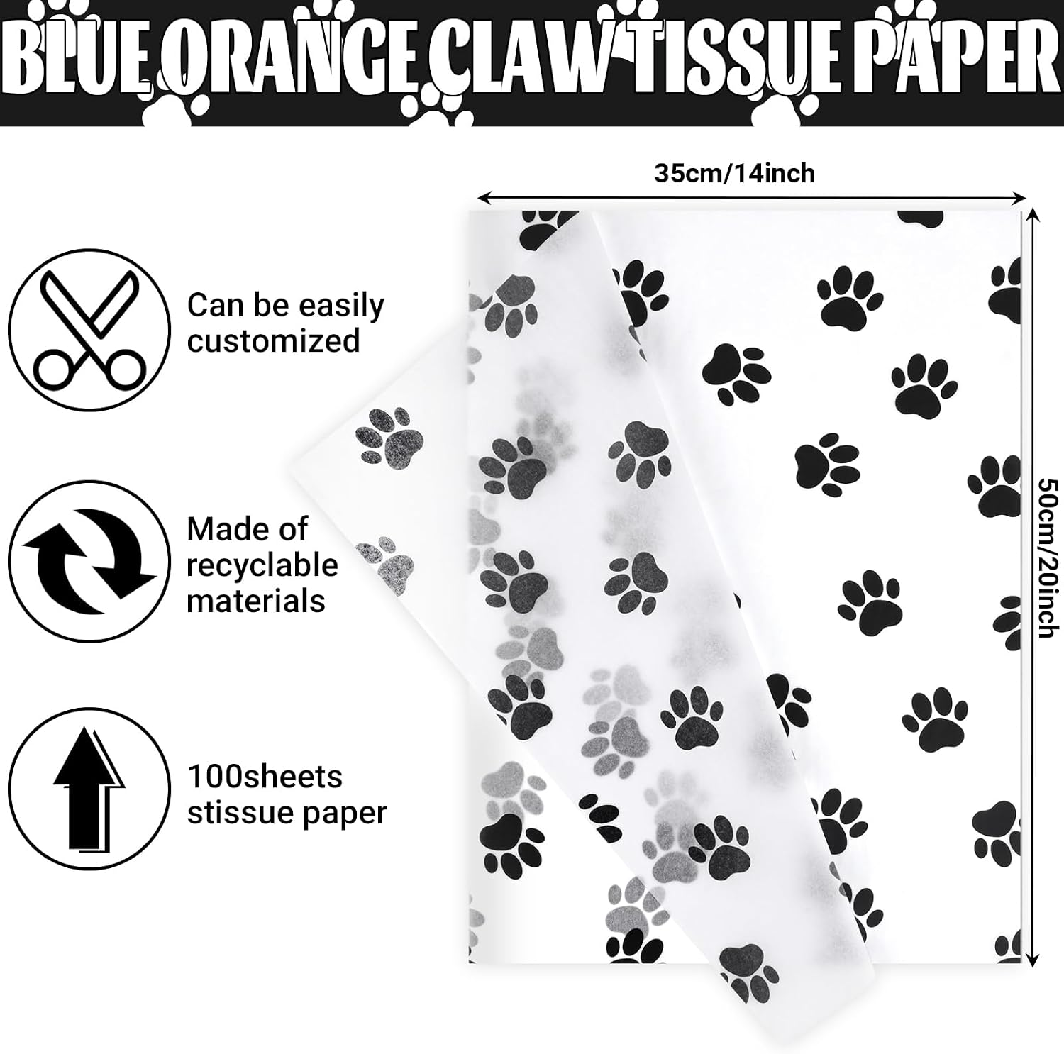 Bolsome 100 Sheets 20 * 14 Inches Blue Orange Tissue Paper with Black Dog Paw Printed Tissue Paper for Gift Wrapping for Baby Shower Blue Dog Themed Birthday Party DIY Craft