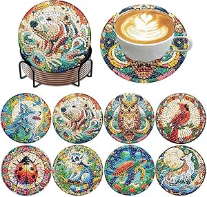 ijbnhd 8 PCS Animals Diamond Art Coasters Kit, Animals Diamond Painting Coasters with Holder, Arts and Crafts Supplies Astral 4X4inch (Cork Wooden Pad)
