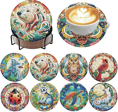 ijbnhd 8 PCS Animals Diamond Art Coasters Kit, Animals Diamond Painting Coasters with Holder, Arts and Crafts Supplies Astral 4X4inch (Cork Wooden Pad)