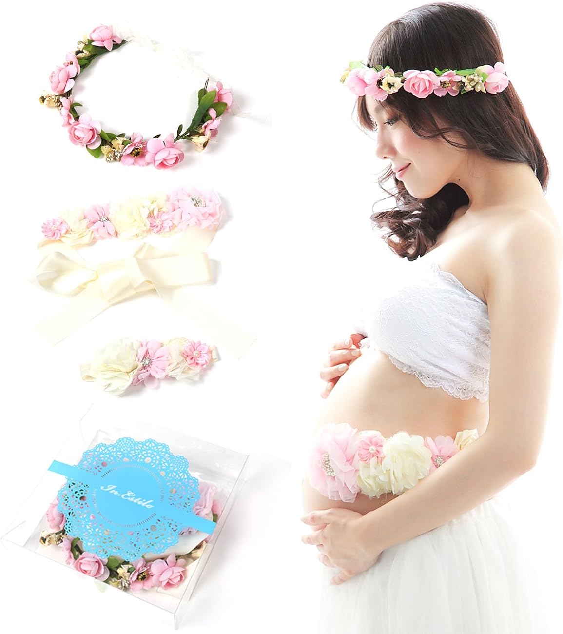 優美でシックな マタニティフォト撮影用小物３点セット サッシュリボンベルト 花冠
