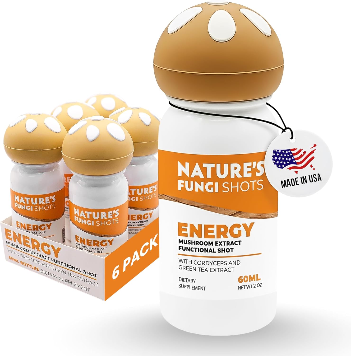 NATURE'S FUNGI Functional Mushroom Energy Shot – 60ml (2oz) - Vegan, Non-GMO Supplement Drink for Daily Energy & Focus - Cordyceps, Green Tea & Citrus Blend with Taurine, Magnesium, Vitamins B6 & B12