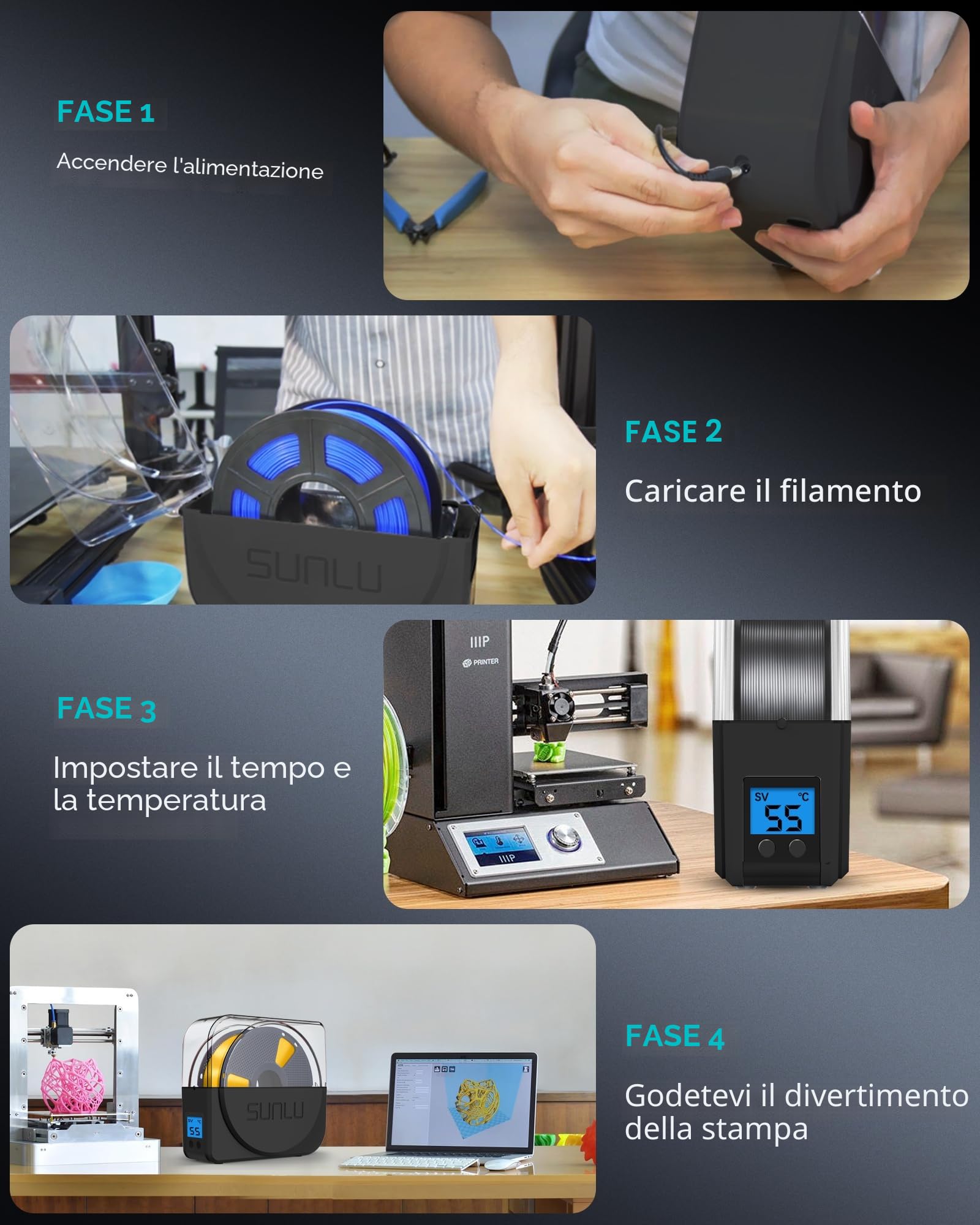 SUNLU Official Filament Dryer S1 PLUS con Ventola, Senza Umidità Essiccatore Filamento 3D, FilaDryer Facile da Usare e Portatile, PLA PETG ABS Nylon TPU Essiccatore Filamento 3D SUNLU S1+, (Nero)