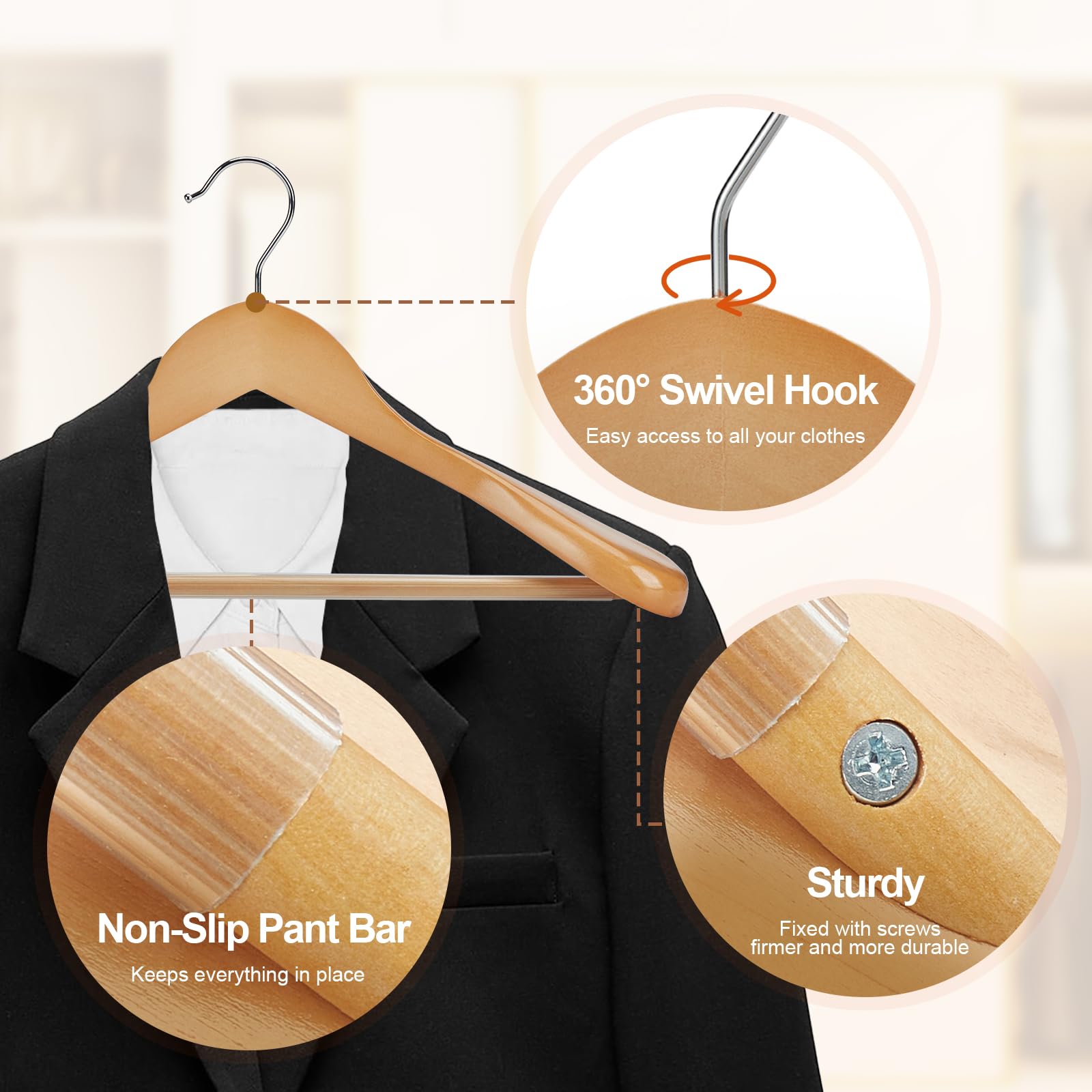 HOUSE DAY Kleiderbügel aus Holz, robust, breite Schultern, Massivholz-Kleiderbügel mit rutschfester Hosenstange für zierliche Erwachsene, Jugendliche und kleine Anzüge, Mäntel, Jacken (Natur, 41,9 cm)
