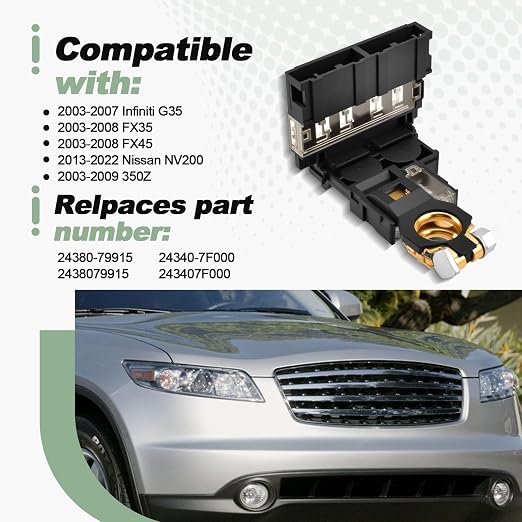 Fusible para batería con terminal positivo y tuercas, compatible con Infiniti G35 (2003-2007), FX35/FX45 (2003-2008), Nissan NV200 (2013-2022) y 350Z (2003-2009), reemplaza 24380-79915 y 24340-7F000 miniatura 2