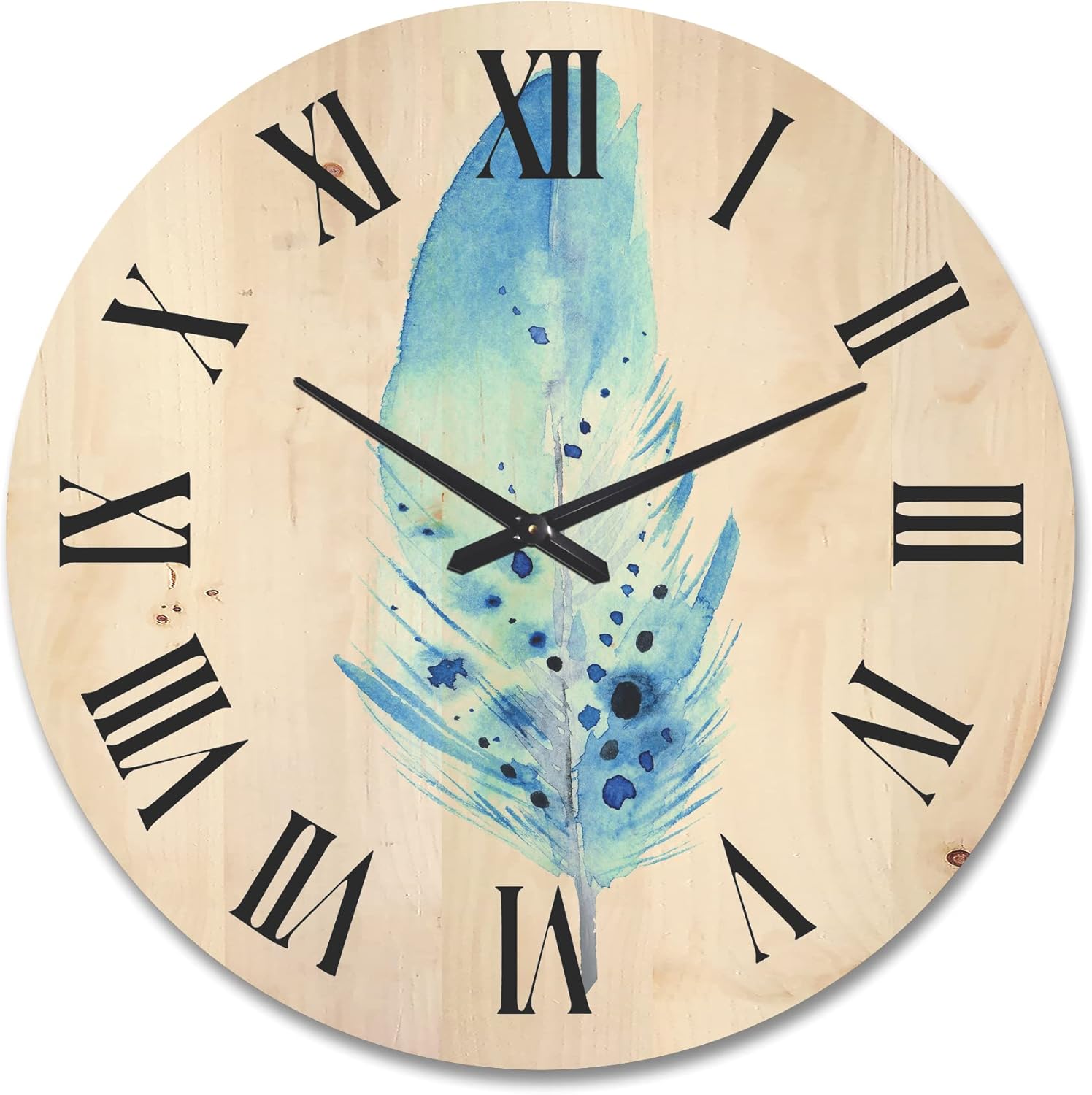 'Abstract Blue Boho Feathers' Bohemian & Eclectic Wood Wall Clock Large Decorative Spiritual Wall Clock Oversized Wood Clocks for Living Room Décor