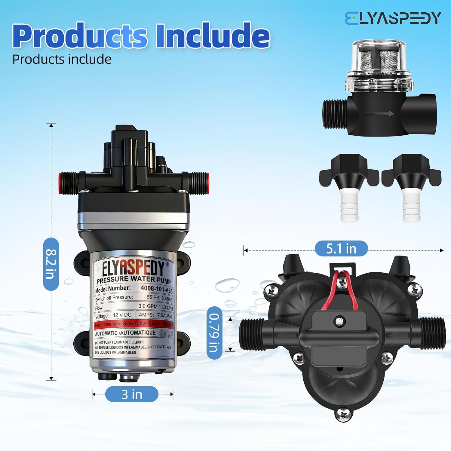 2026 Upgraded 4008-101-A65 RV Fresh Water Pump, 12 V DC 3.0 GPM Self-Priming Diaphragm Water Pump, 180 GPH, 11.3 LPM, 55 PSI,Includes Pressure Switch and Detachable Filters,No Noise, for RV, Marine