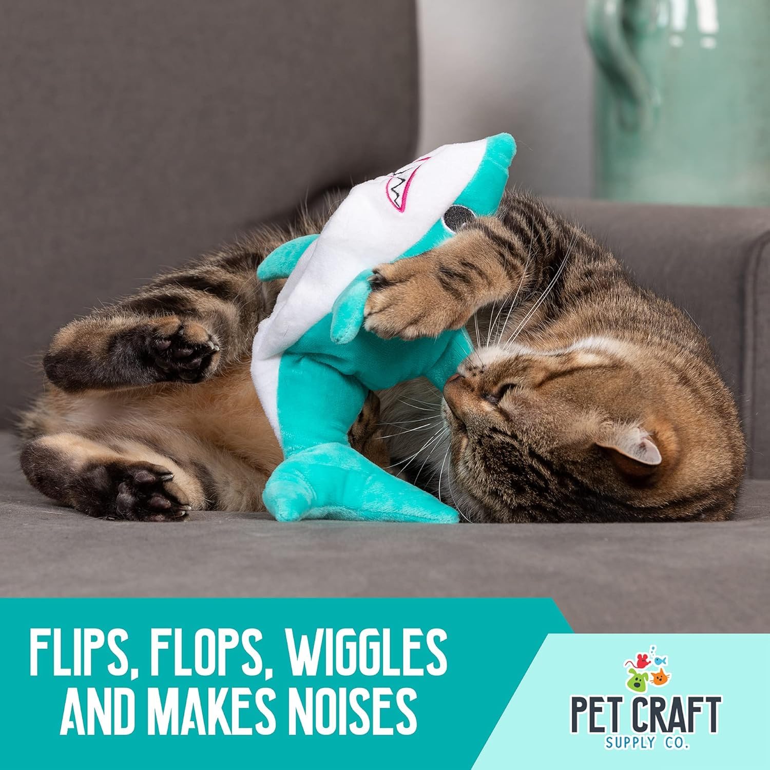 Pet Craft Supply Wiggle Pickle and Shimmy Shark Flipper Flopper Flopper Interactivo eléctrico Realista Que se Mueve Peces en Movimiento, Potente Hierba gatera y Silvervine Juguete para Gatos