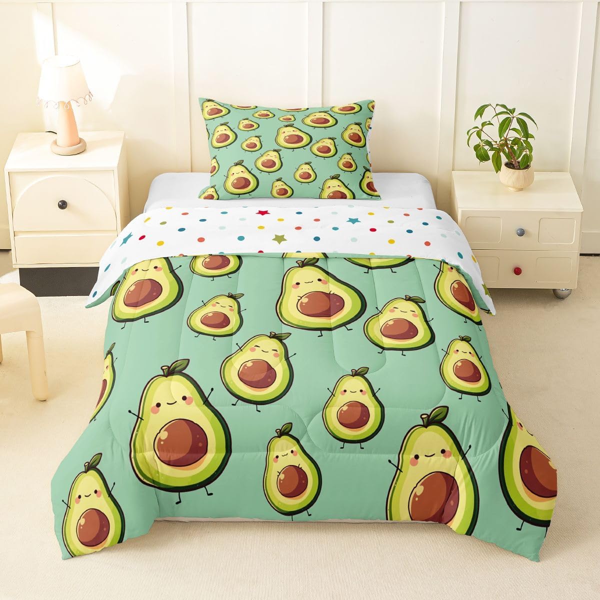 Erosebridal Avocado Comforter Set for Kids,Avocados Kawaii Bedding Set Room Decor Cute Fruits Quilted Comforter Twin Size for Boys Girls Children Tropical Botanical Cartoon Down 3 Pieces,Green