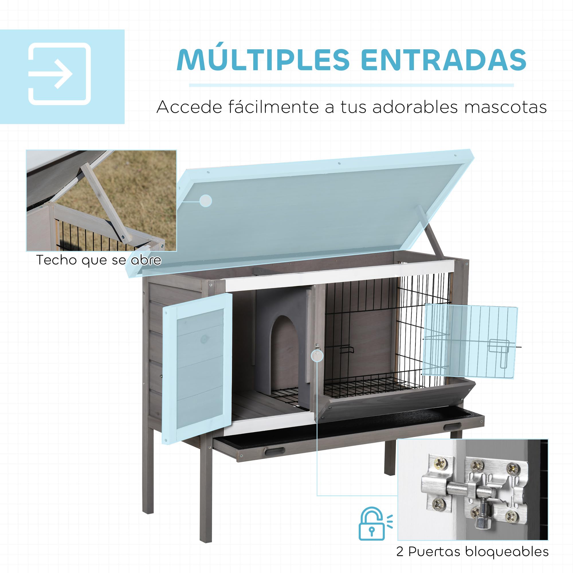 PawHut Conejera de Madera Elevada Jaula para Conejos con Techo Asfáltico Abatible Puertas con Pestillo Bandejas Desmontables Conejera para Exterior 91x46x71 cm Gris
