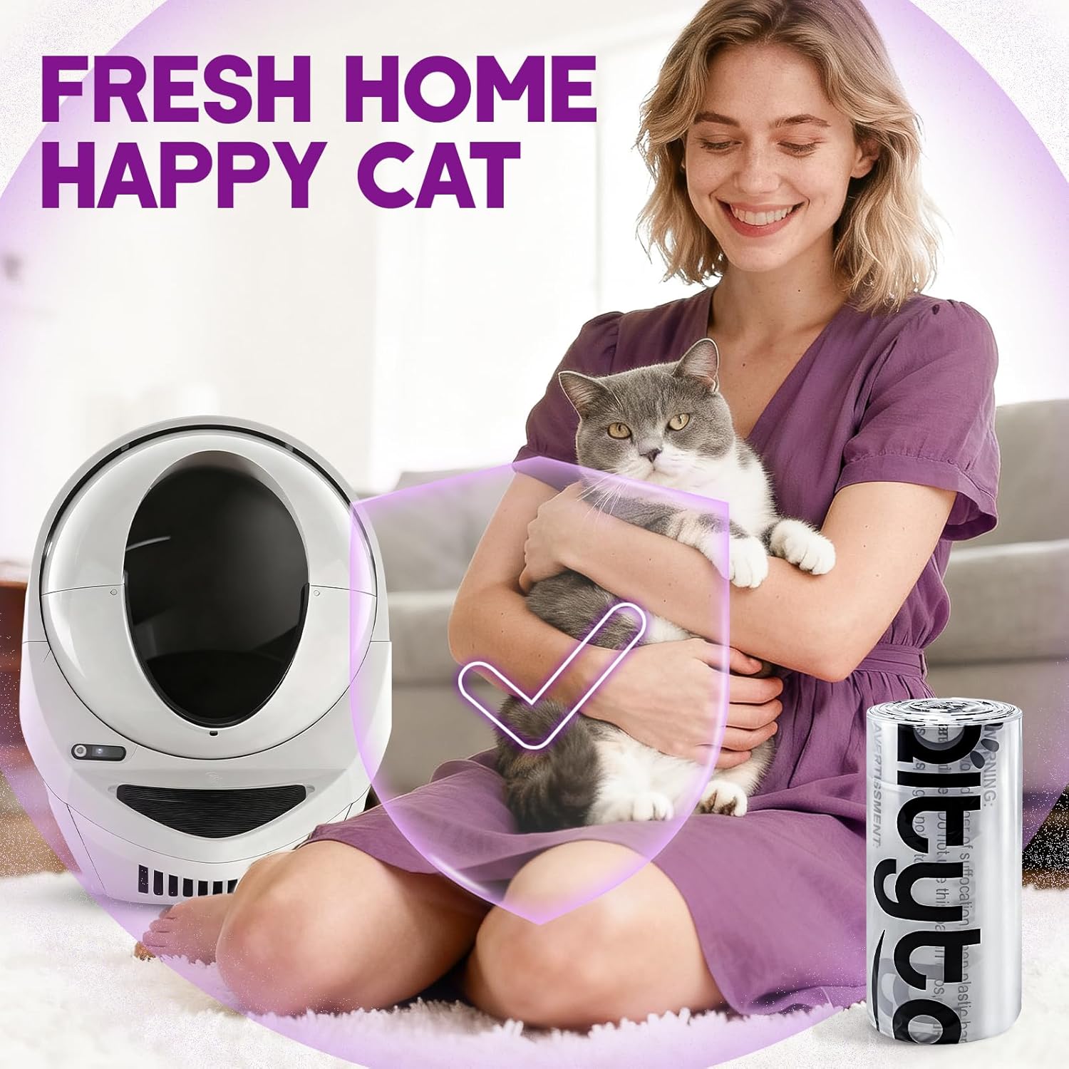 60 Count Cat Litter Bags Compatible with Litter Robot 4 & 3,Self Cleaning for Litter Robot Bags Replacement,Waste Bags,9-11 Gallons Capacity,Heavy Duty,Transparent,Easy to Tear-off thumbnail