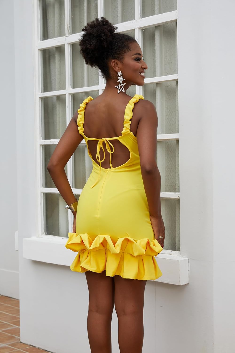 LAJIOJIO Women's Sexy V Neck Mini Dress,Sleeveless Club Outfit Ruffle Hem Bodycon Dresses - Image 5