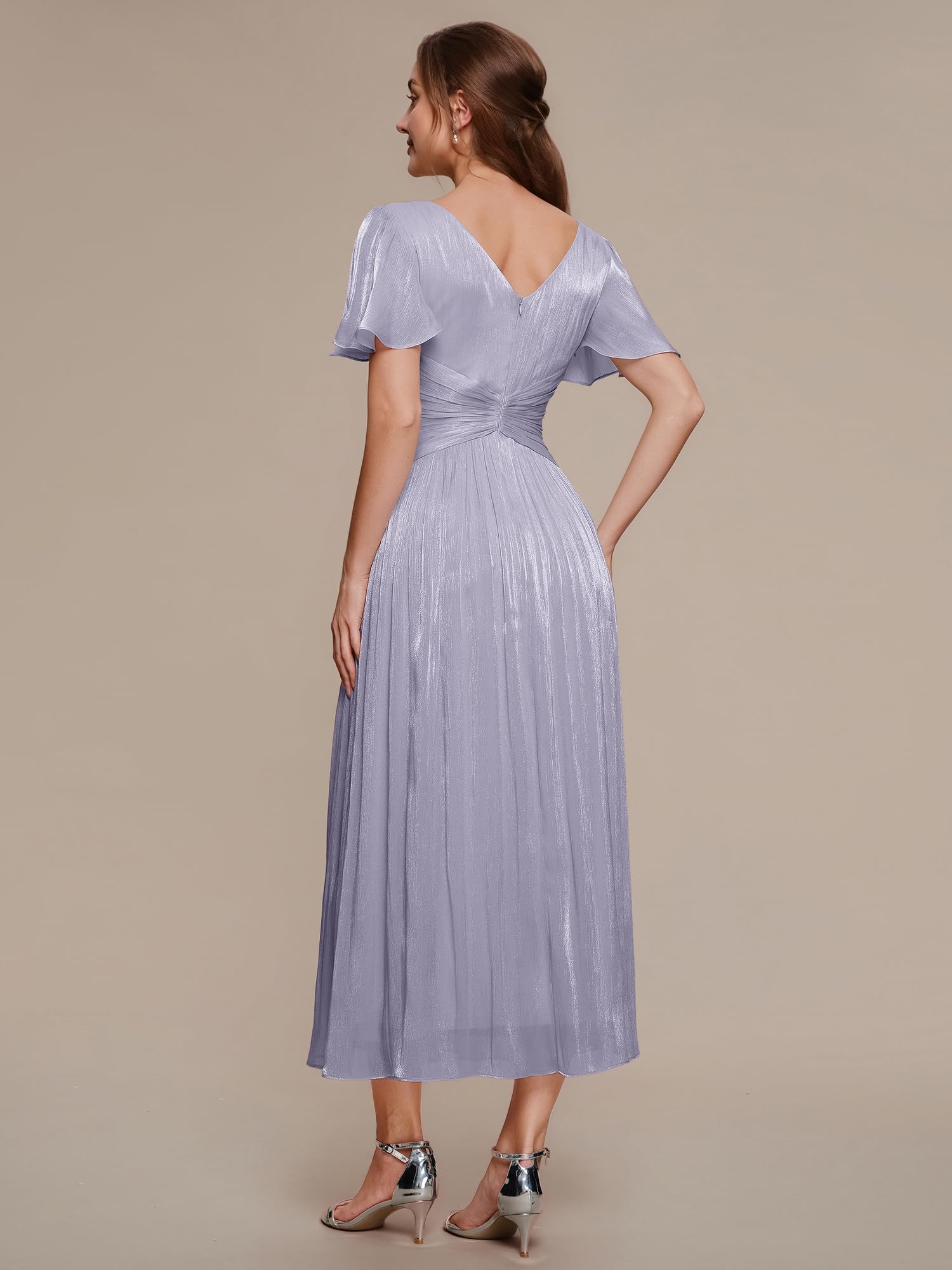Ever-Pretty Robes d'Invité de Mariage Col en V Manches Courtes Soie de l'île Midi EG02770