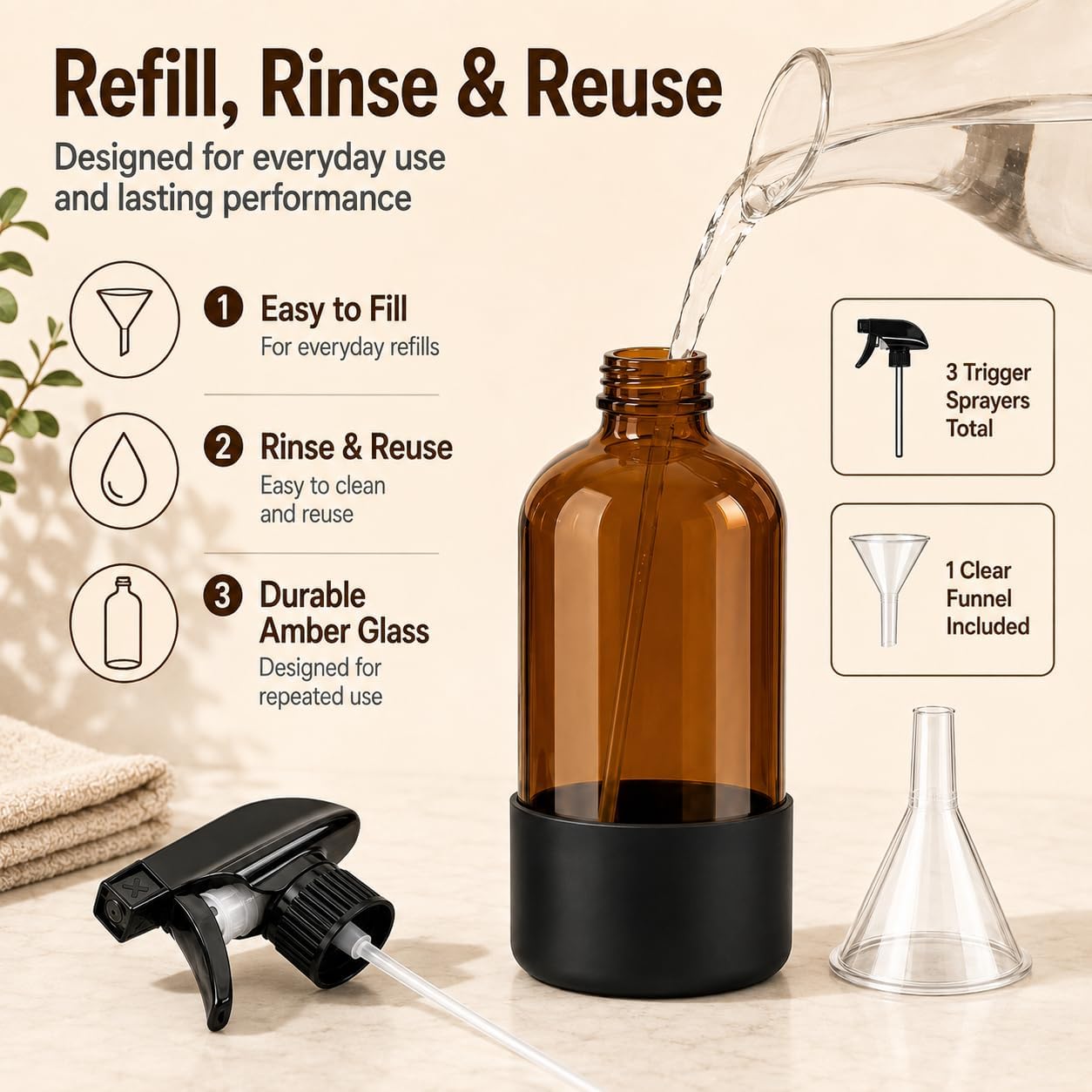 Amber Glass Spray Bottles with Protective Silicone Sleeves (Black/16oz)