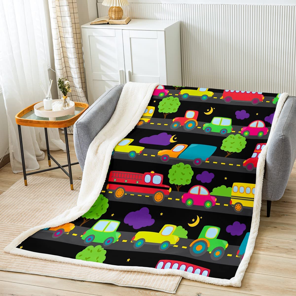 Coperta Sherpa per auto per bambini, per cantieri, veicoli in pile, coperta per letto, divano, divano, bambini, macchinari dei cartoni animati, camion, coperta ultra morbida per gru e decorazione