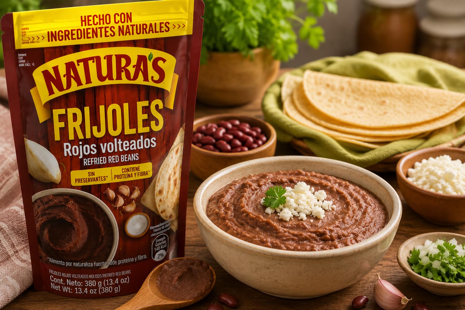 FRIJOLES ROJOS VOLTEADOS MOLIDOS - NATURAS - REFRIED RED BEANS - 380 GRAMOS