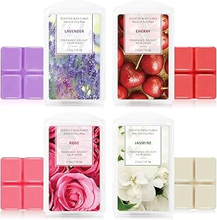 LA BELLEFÉE Fondants de Cire Parfumées Tartelettes Cire de Soja Naturelle pour Brûle Parfum, 24 Cubes Totaux 280g, Jasmin, Lavande, Cerise, Rose