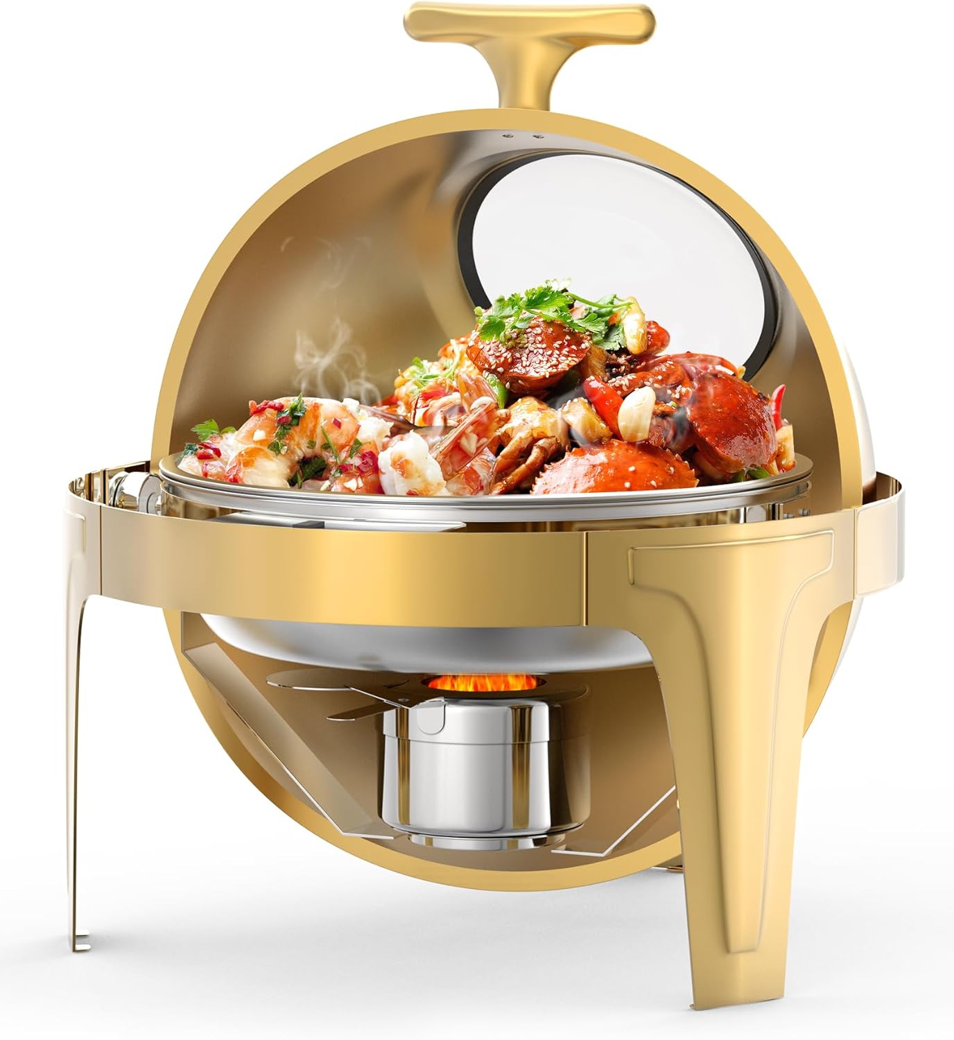 6.3 Quart Round Roll Top Chafing Dish Buffet Set, Stainless Steel Buffet Food Warmer Servers Chafer for Catering with Glass Window for Party Wedding Banquet Graduation Event, Gold