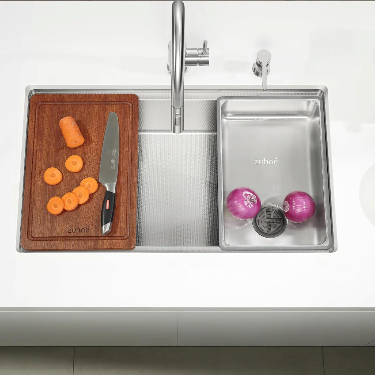 Zuhnë Neste V5 27 Workstation Kitchen Sink, True 16 Gauge 316 Surgical Stainless Steel, Brushed Honeycomb Texture, Nano Coating, Single Bowl 27 1/2 x 18 1/8 x 10 in, Reversible Offset Drain