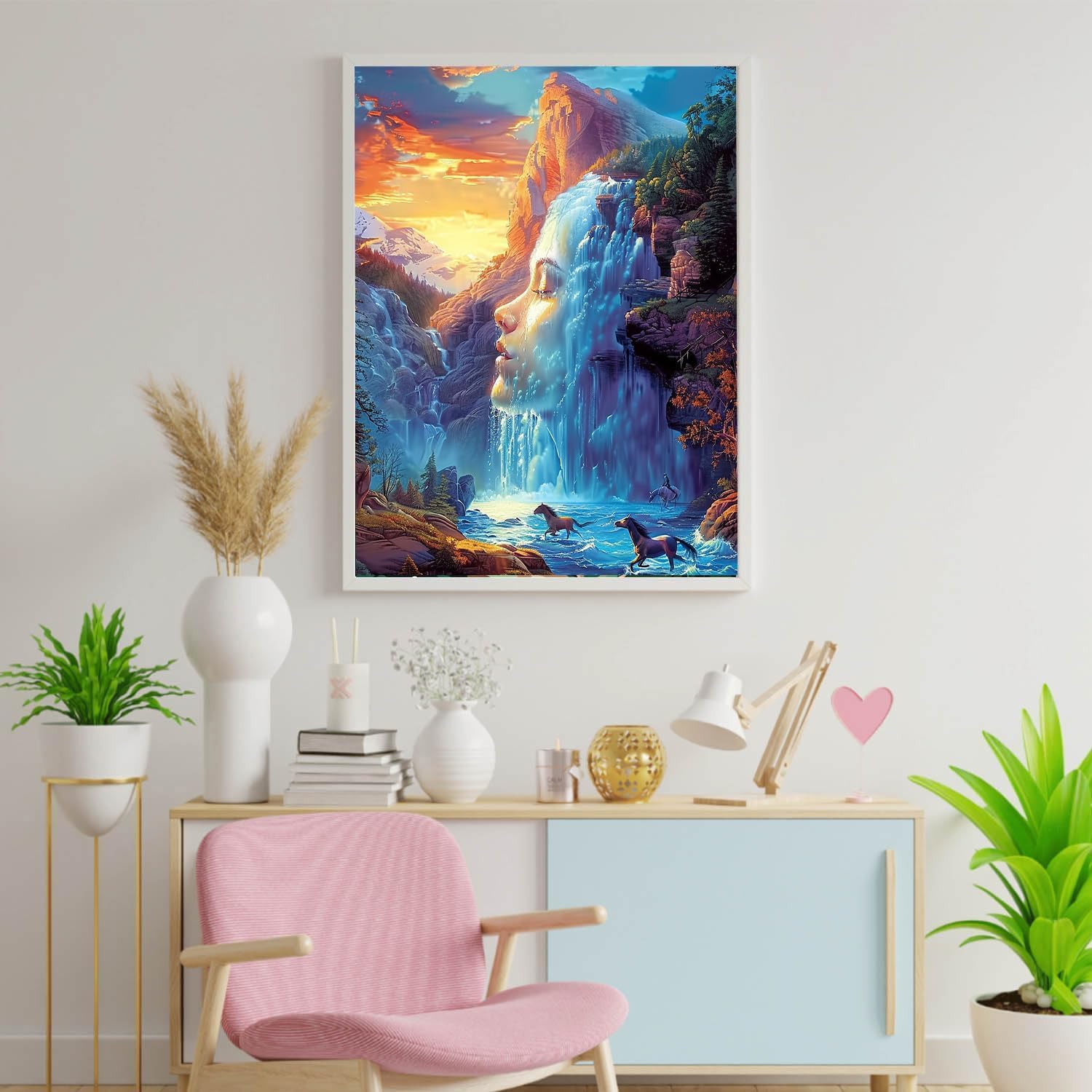 MSTINGSHUN Magical Landscapes Paint by Number for Adults Beginners - Woman Face, Falls, Horses Decor - Canvas Kit With Brushes, Acrylic Pigment, Frame - 16x20 Inch