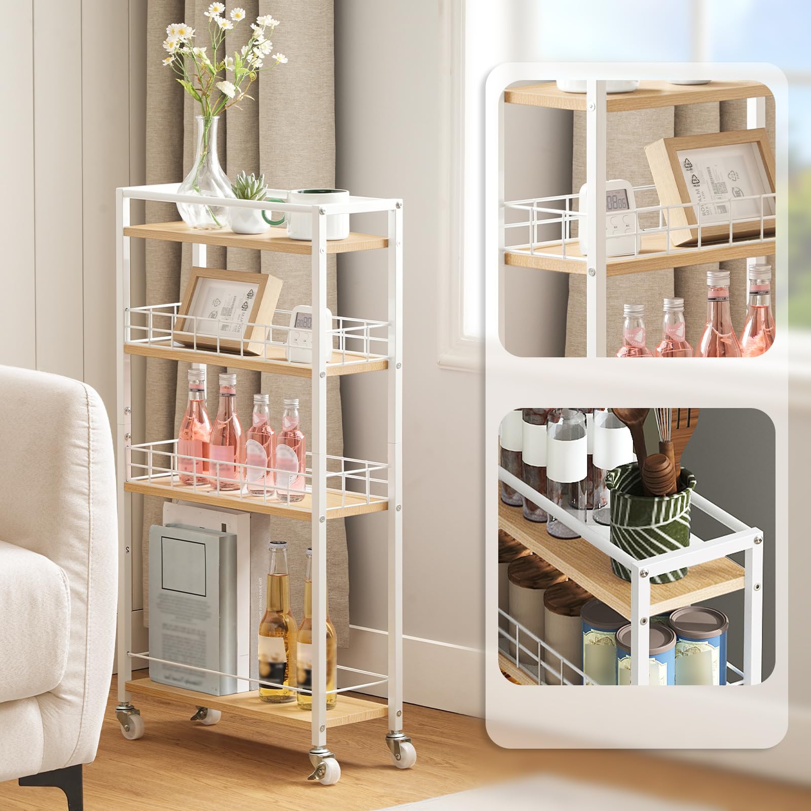HOOBRO Chariot de Cuisine à 4 Niveaux, Chariot de Service étroit, Rangement à roulettes avec Paniers, pour Cuisine, Salle de Bains, Salle à Manger, Buanderie, Blanc et Couleur Bois EWN17TC01