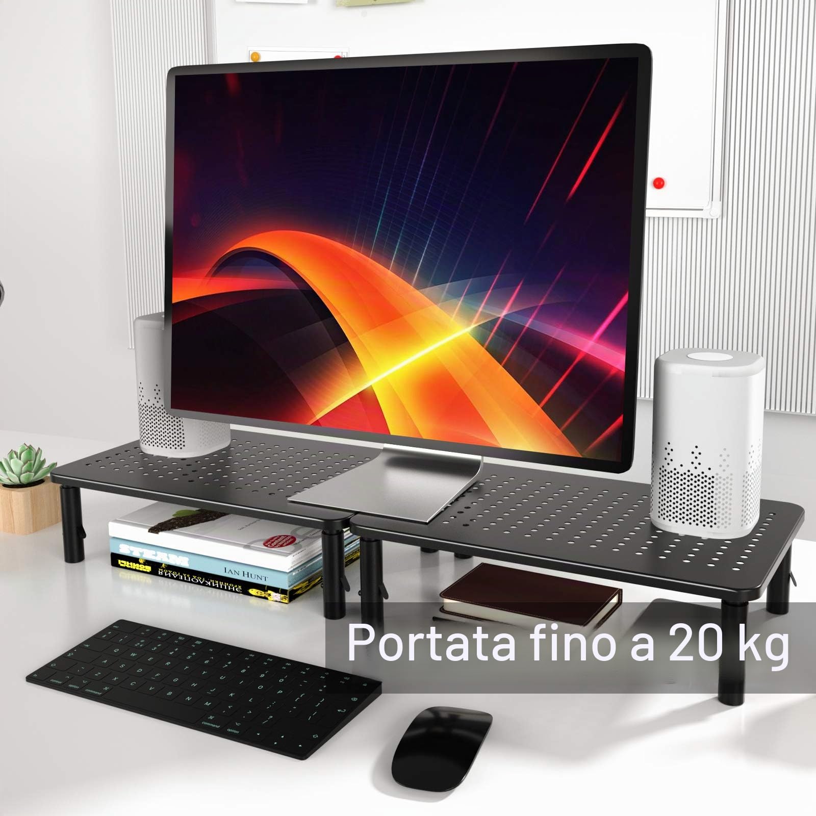 HUANUO Supporto per monitor - Supporto per computer portatile ergonomico e regolabile in 3 altezze con piattaforma a rete per laptop, computer, iMac, PC, stampante fino a 20 kg