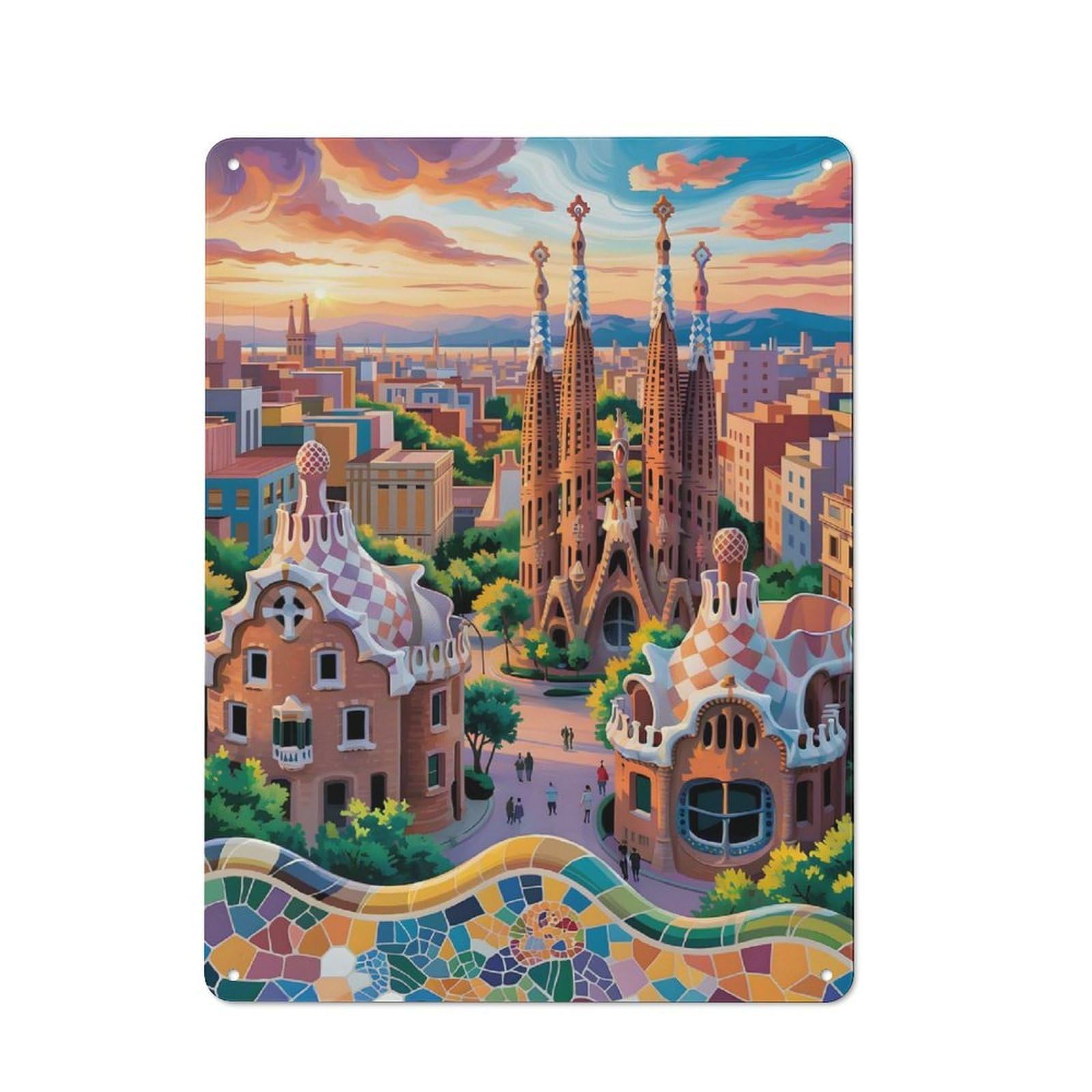 Junmoney Style-22 Retro Metal Wall Sign 40X30cm With Barcelona Cityscape With Sagrada Familia(3) For Home Bar Wall, A Decorative Gift For A Newly Furnished Home Bar