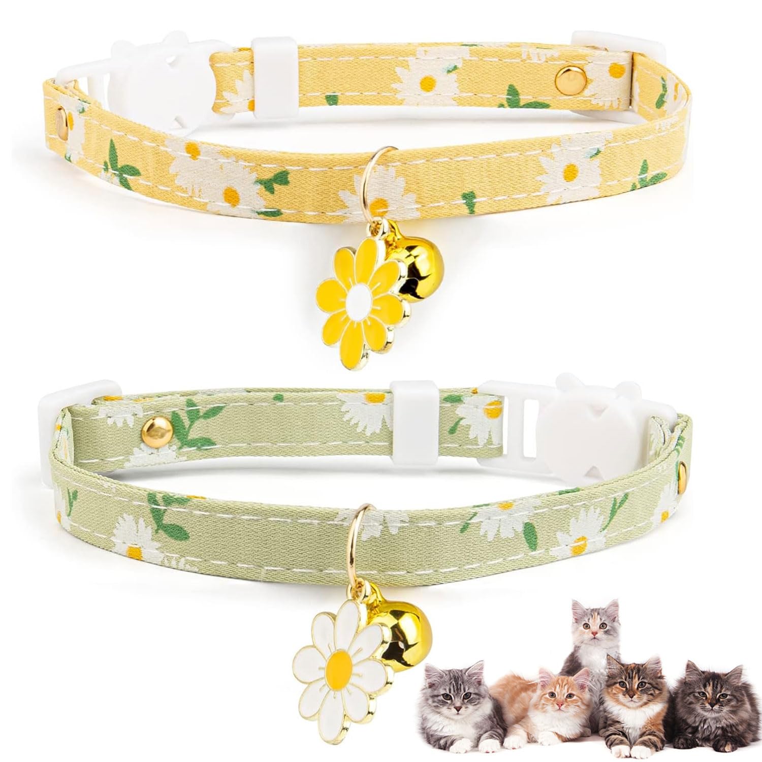 猫 首輪 2個セット 猫 首輪 セーフティバックル 鈴付き デイジー柄 安全留め具 かわいいネックレス 猫の首輪 小動物 小型犬用 超軽量 S 安全 調節可能 ポリエステル綿 (グリーン＋イエロー)