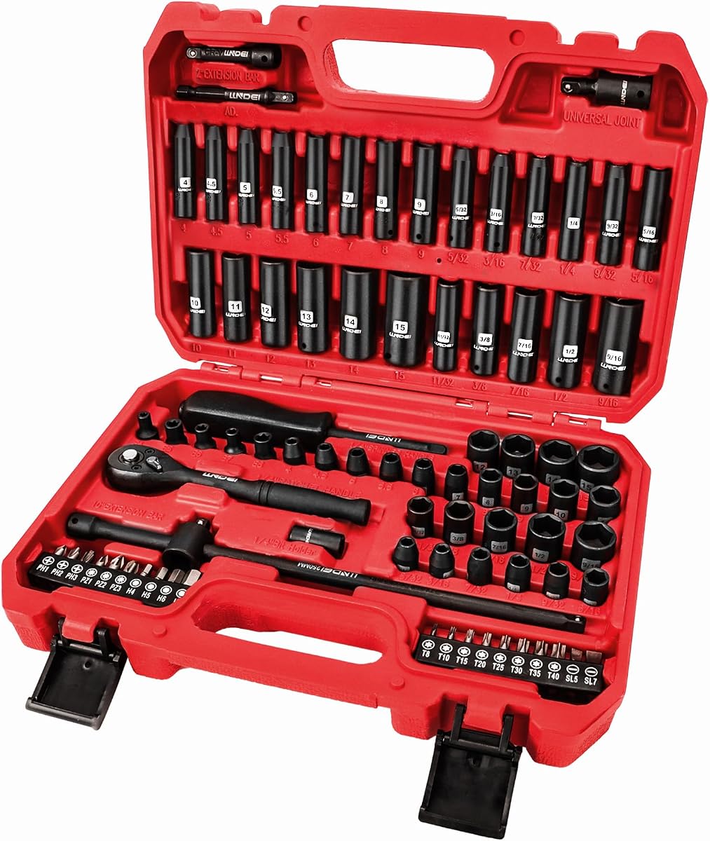 1/4" Impact Socket Set 83 Pieces, SAE(5/32-9/16 in) Metric (4-15mm) | 72T Ratchet Wrench Handle,CR-V Mechanics Tool Set with Adapter, Screwdriver Bits for Automotive Repair