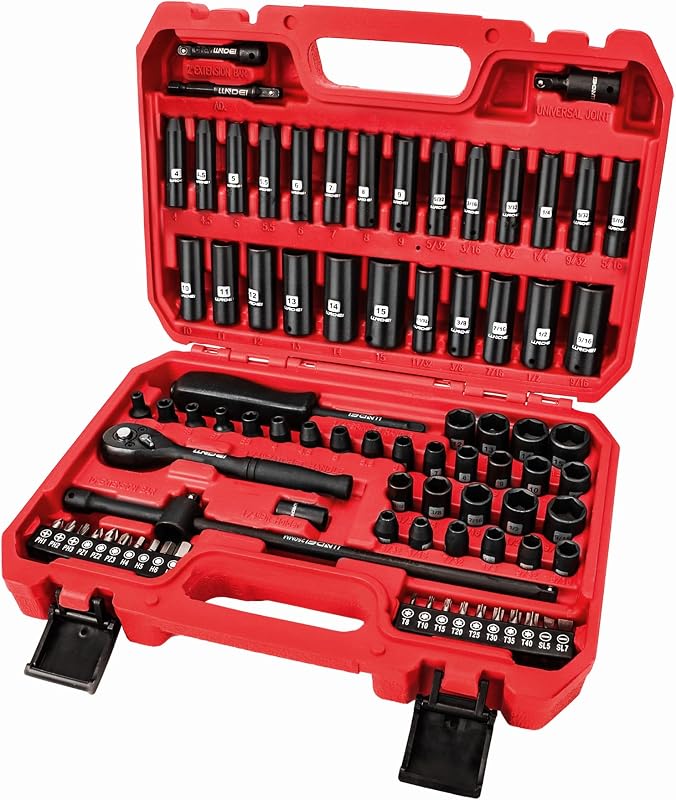 1/4" Impact Socket Set 83 Pieces, SAE(5/32-9/16 in) Metric (4-15mm) | 72T Ratchet Wrench Handle,CR-V Mechanics Tool Set with Adapter, Screwdriver Bits for Automotive Repair