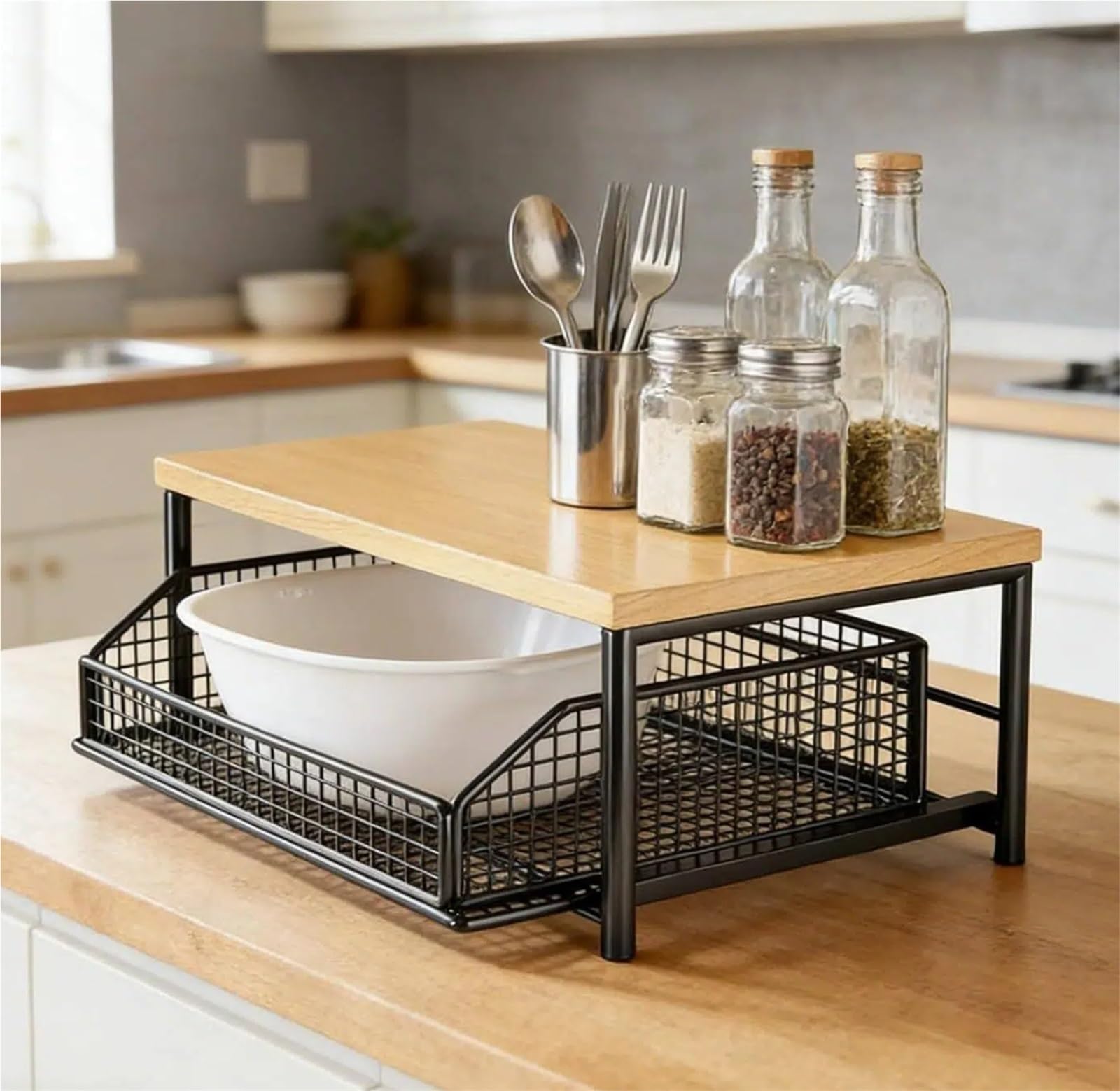 éTagèRe De Rangement pour Plan De Travail Organisateur de comptoir Cuisine avec tiroir et Panier métallique, ustensiles