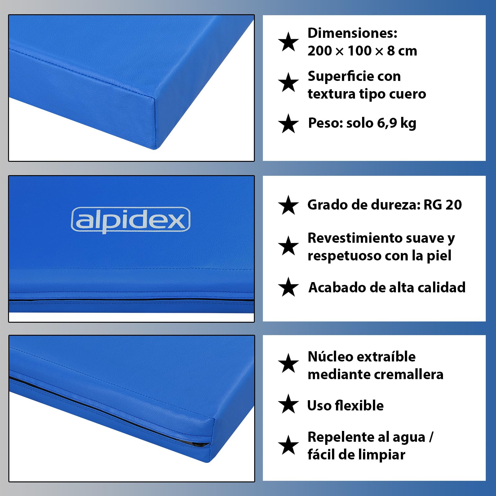 ALPIDEX Colchoneta Gimnasia 200 x 100 x 8 cm Esterilla Deporte con Antideslizante, Densidad aparente 20 (Muy Blanda)