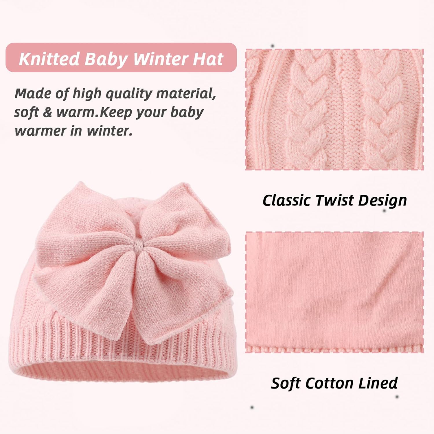 Baby Girl Winter Hat Cute Bow Baby Beanie Warm Knitted Hats for Infant Toddler Girls - Image 3