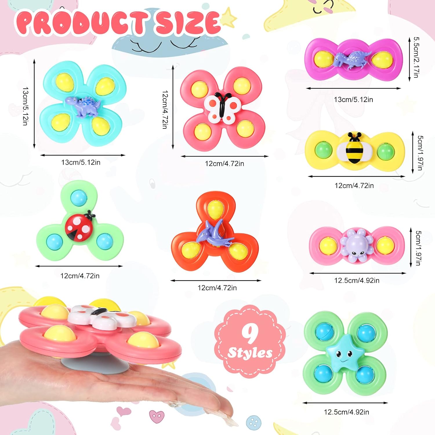 Leitee 9 Pcs Suction Cup Toys Bath Toys Sensory Strong Suction Cup Toys Spinner Dimple Toy Birthday Gifts for Early Education Bathtub Dining Chairs, 3 Styles(Cute Style)