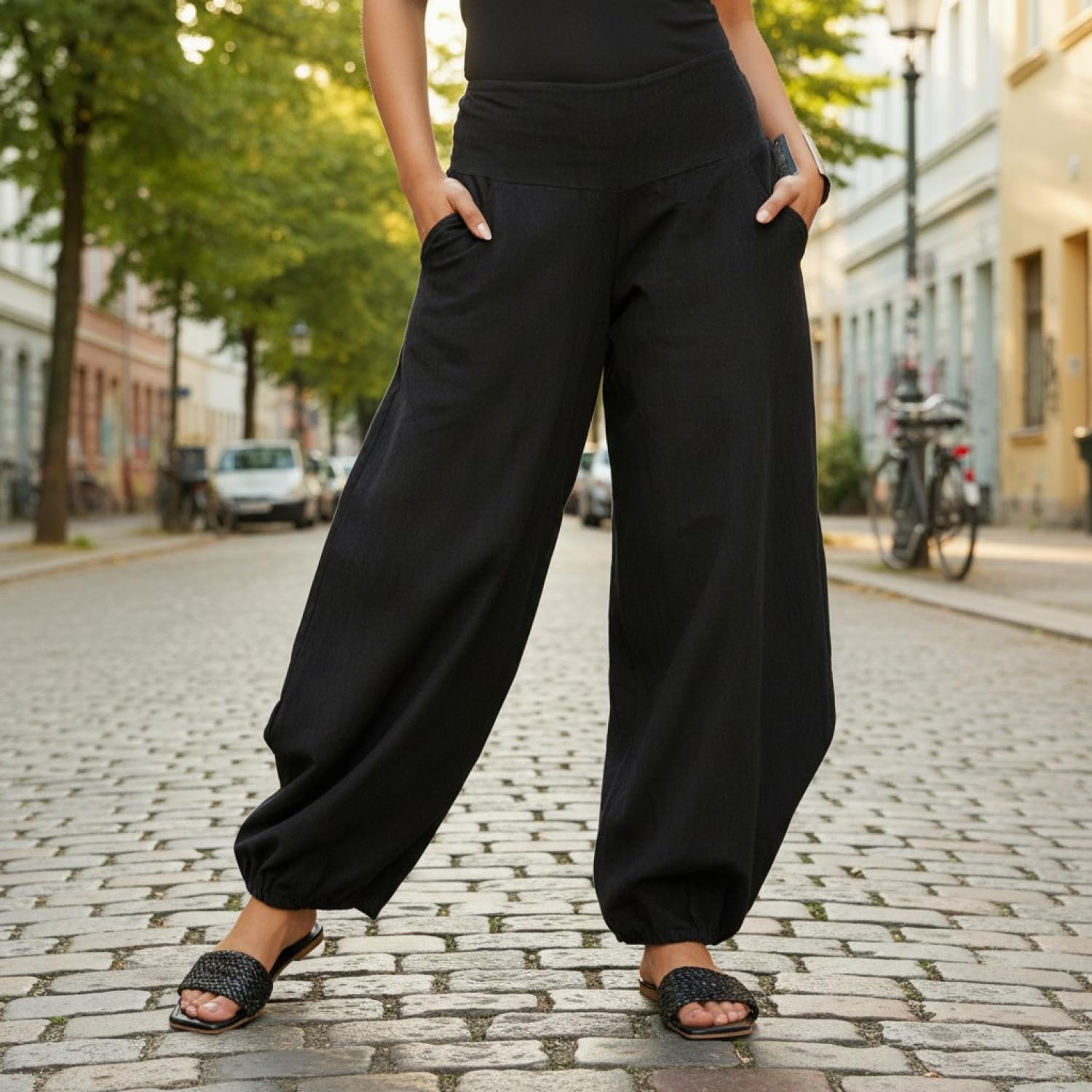 GURU SHOP Weite Boho Cord Pluderhose, Feincord Damenhose, lässig, Olive