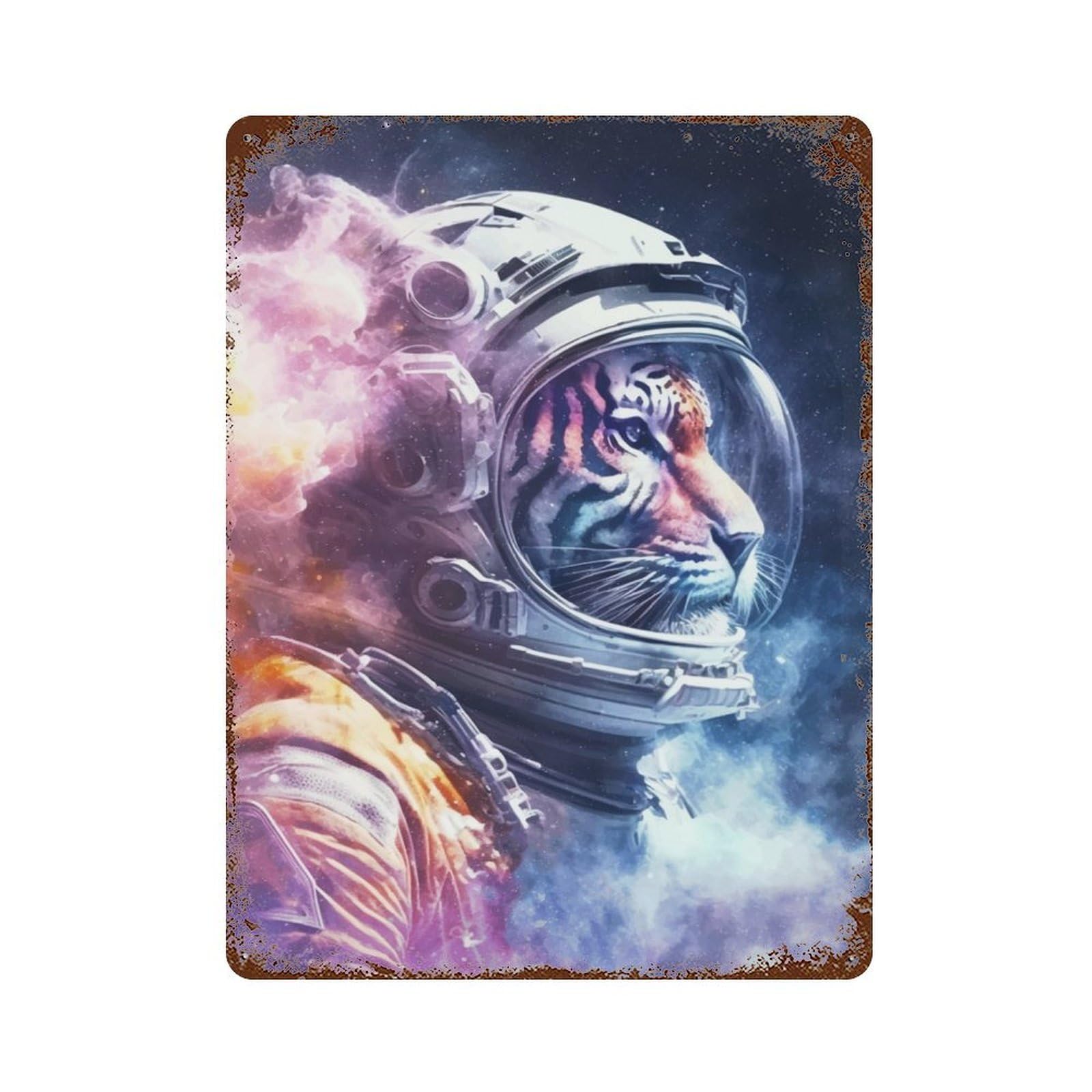 Space Tiger 15.7"x11.8" Rusty Metal Tin Sign, Shabby Chic Decor for Bistro, Counter And Cafe Decor