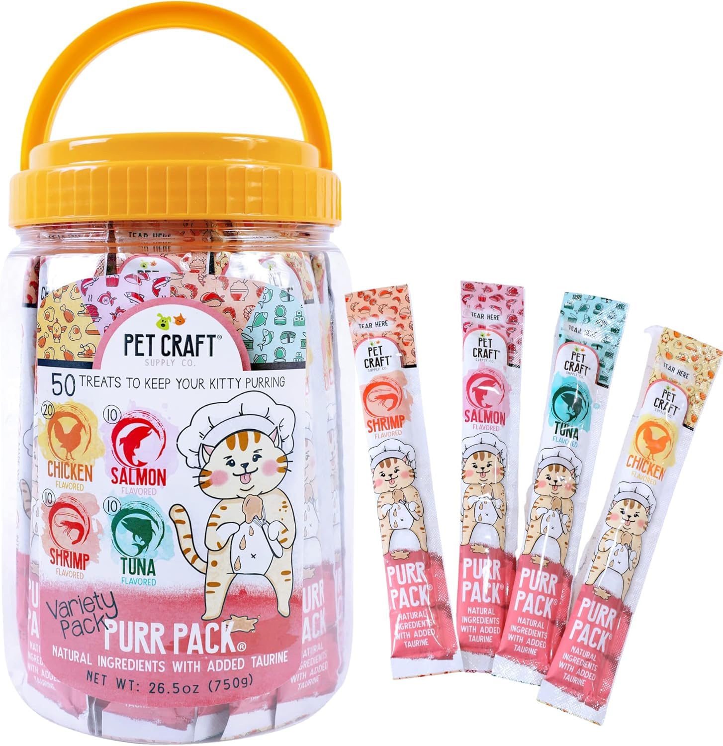 Pet Craft Supply Lickable Cat Treats Variety Pack (Salmon, Shrimp, Tuna, Chicken) 50ct Tub, Squeezable Tubes High Protein Cat Puree Wet Food or Food