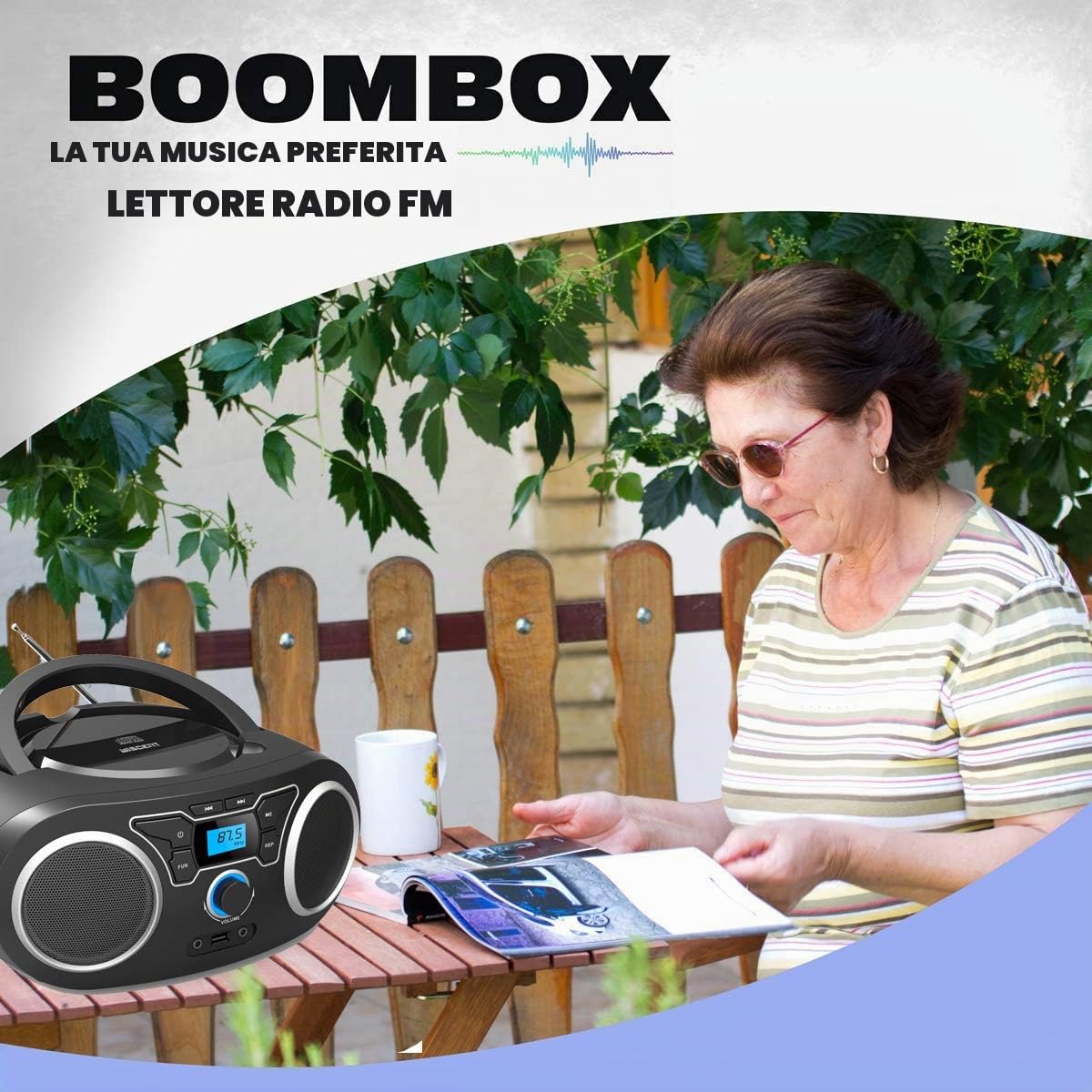 WISCENT Lettore CD Boombox Portatile - Stereo con Radio FM, Ingresso Bluetooth, USB, AUX, Uscita Auricolari, Audio Domestico Compatto, AC o Alimentato a Batteria