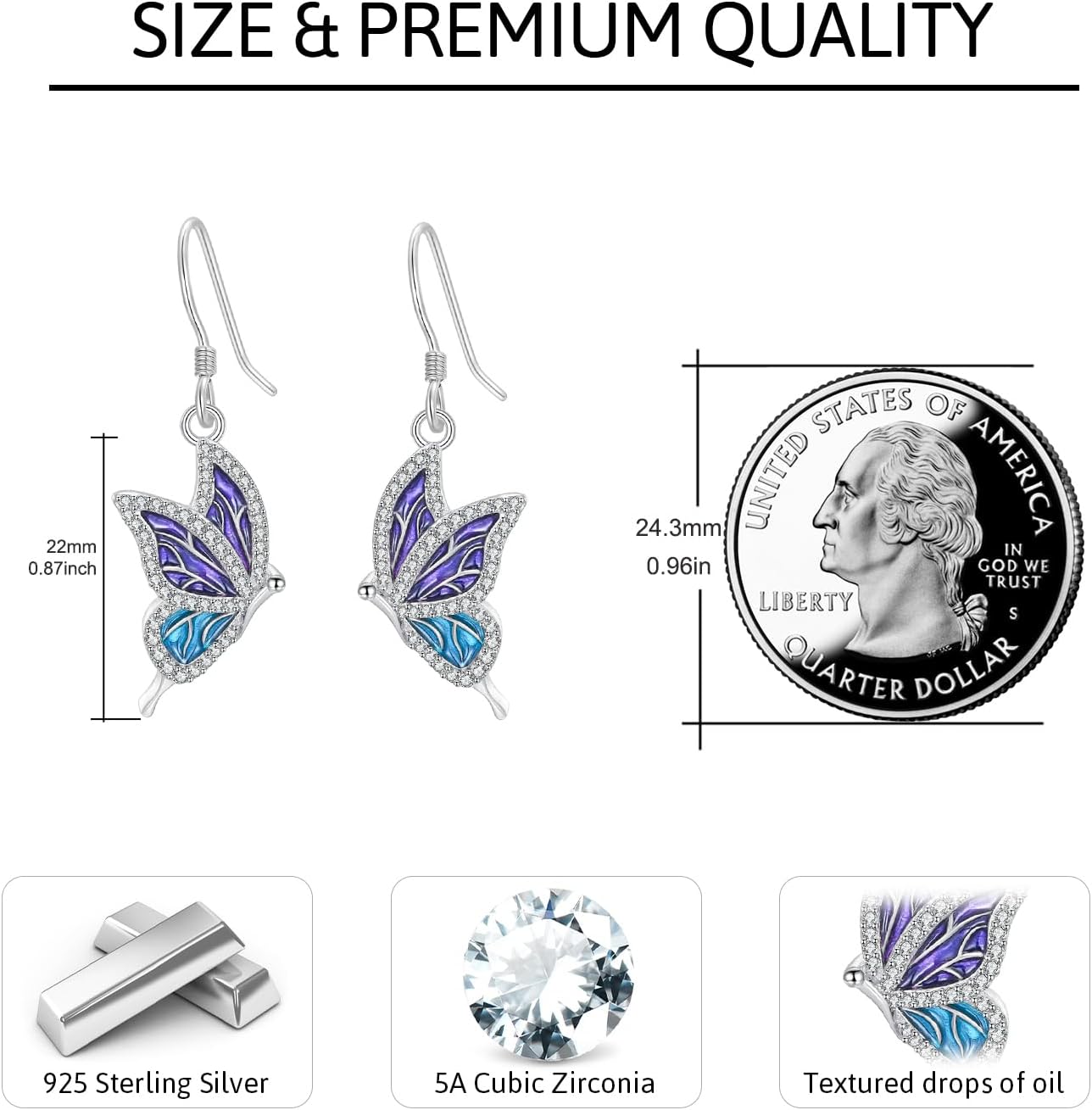 Butterfly Dangle Earrings 925 Sterling Silver Small Enamel Dripping Oil Butterflies Leverback Earring for Sensitive Ears Jewelry Mother Day for Women Girlfriend - Image 2