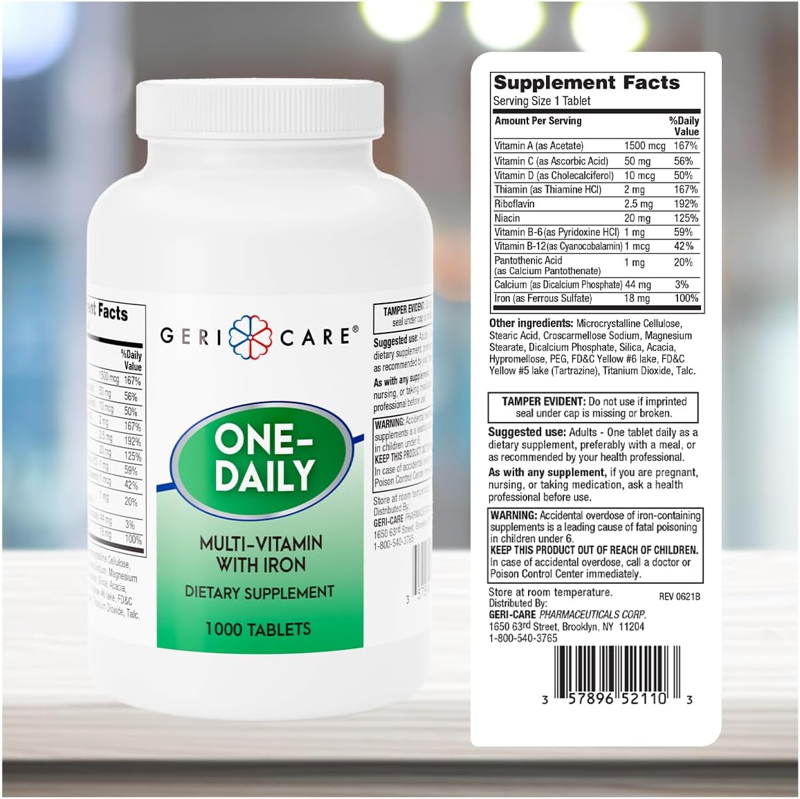 GeriCare One-Daily Multi-Vitamin with Iron, Complete Daily Nutritional Supplement with Essential Minerals for Energy, Immunity, Bone & Overall Wellness, 1000 Count (Pack of 1)