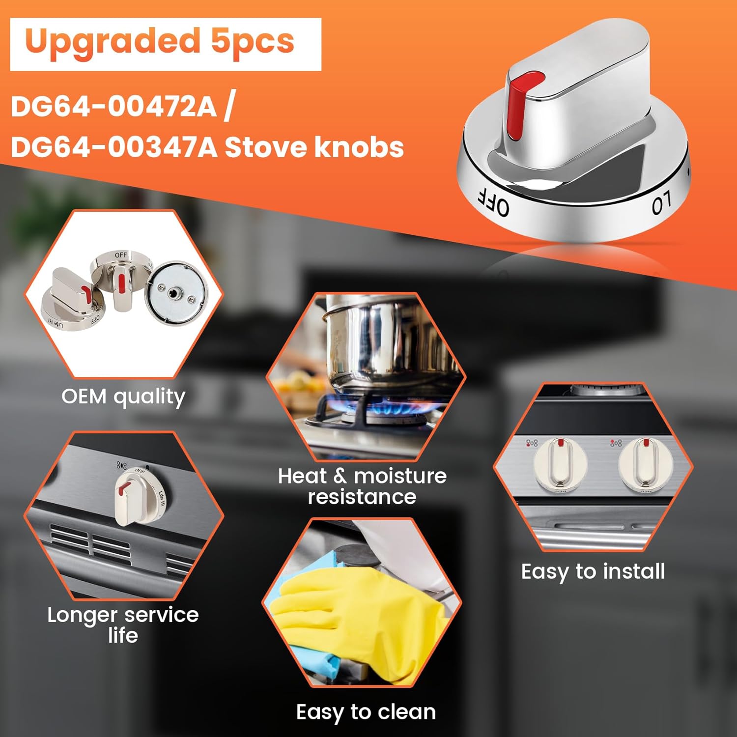Upgraded 5pcs DG64-00472A / DG64-00347A Stove knobs Compatible with Samsung Gas Range Knobs DG64-00473A,DG64-00347B Stove knob, Replaces FX710bgs, NX58F5500SS, FX510BGS, FX510BGS, NX58F5300SS