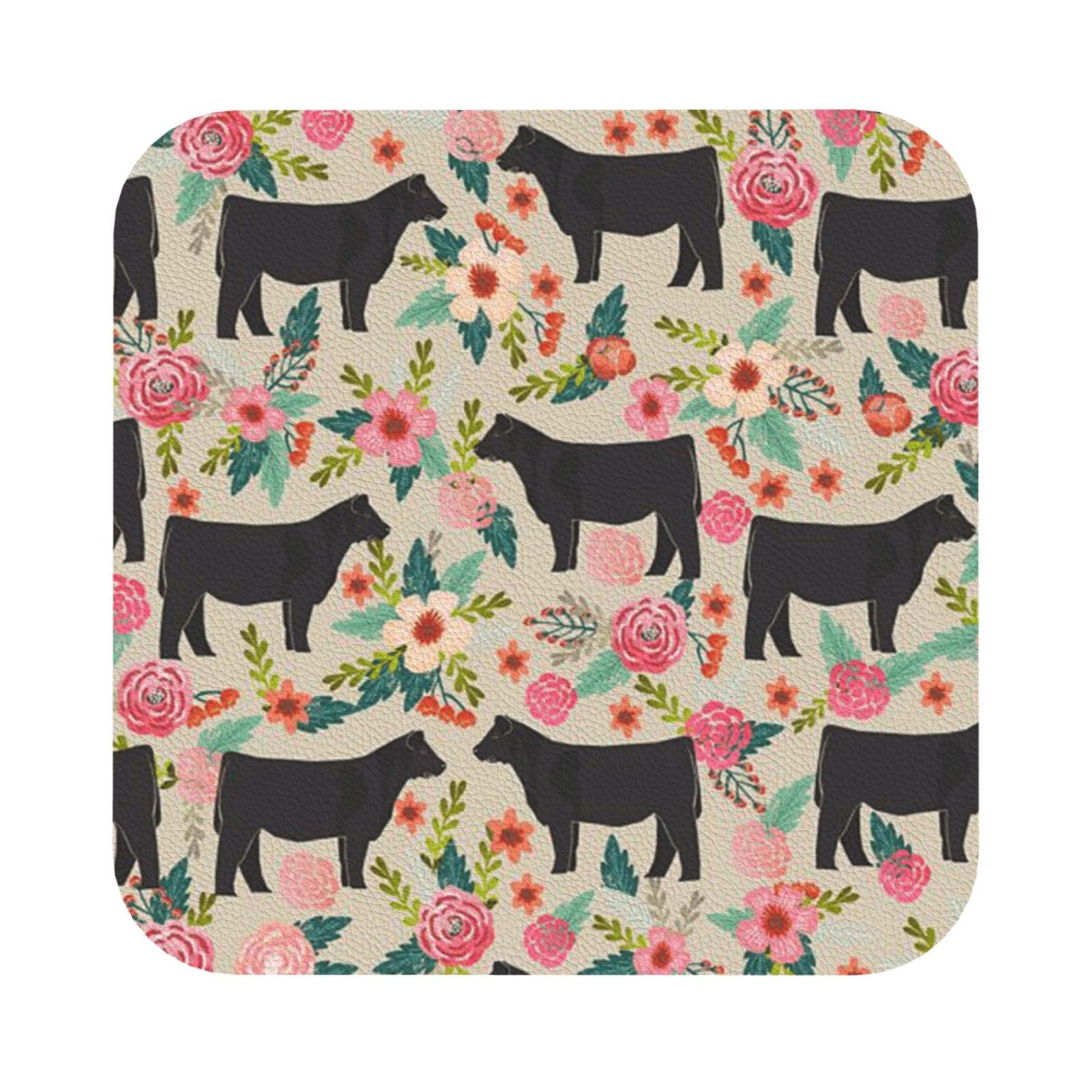 Pink Flower Show Steer Cows Cattle PU Leather Coasters Set of 6 Square Drink Coasters