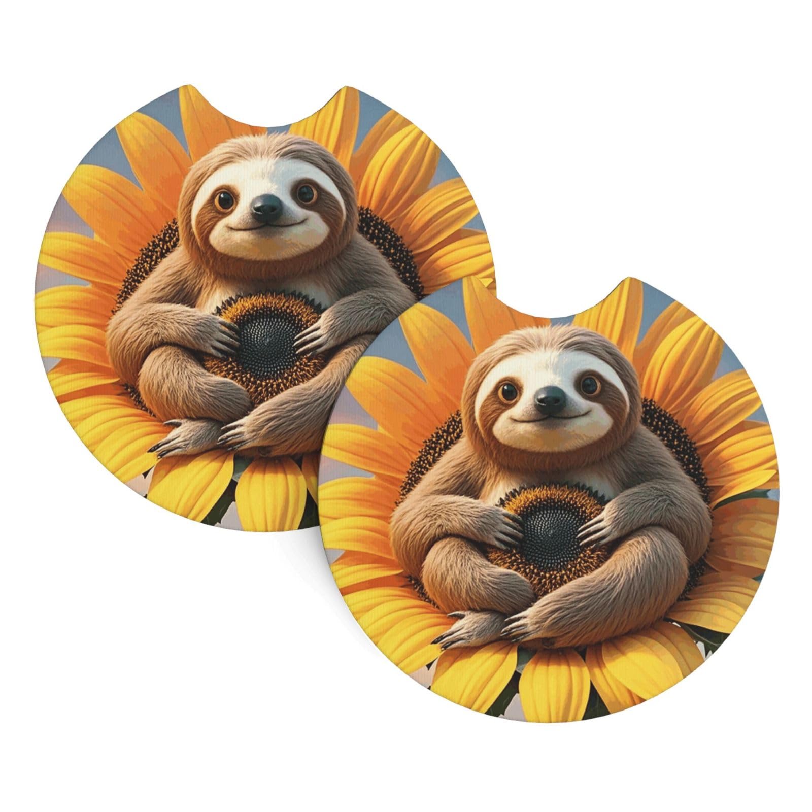 2 Pack Car Coaster for Cup Holders Sloth Sitting on Sunflower Car Cup Coaster 2.7" Neoprene Non-Slip Automotive Cup Mat Universal Auto Car Interior Accessories for Women Men Cup Pad