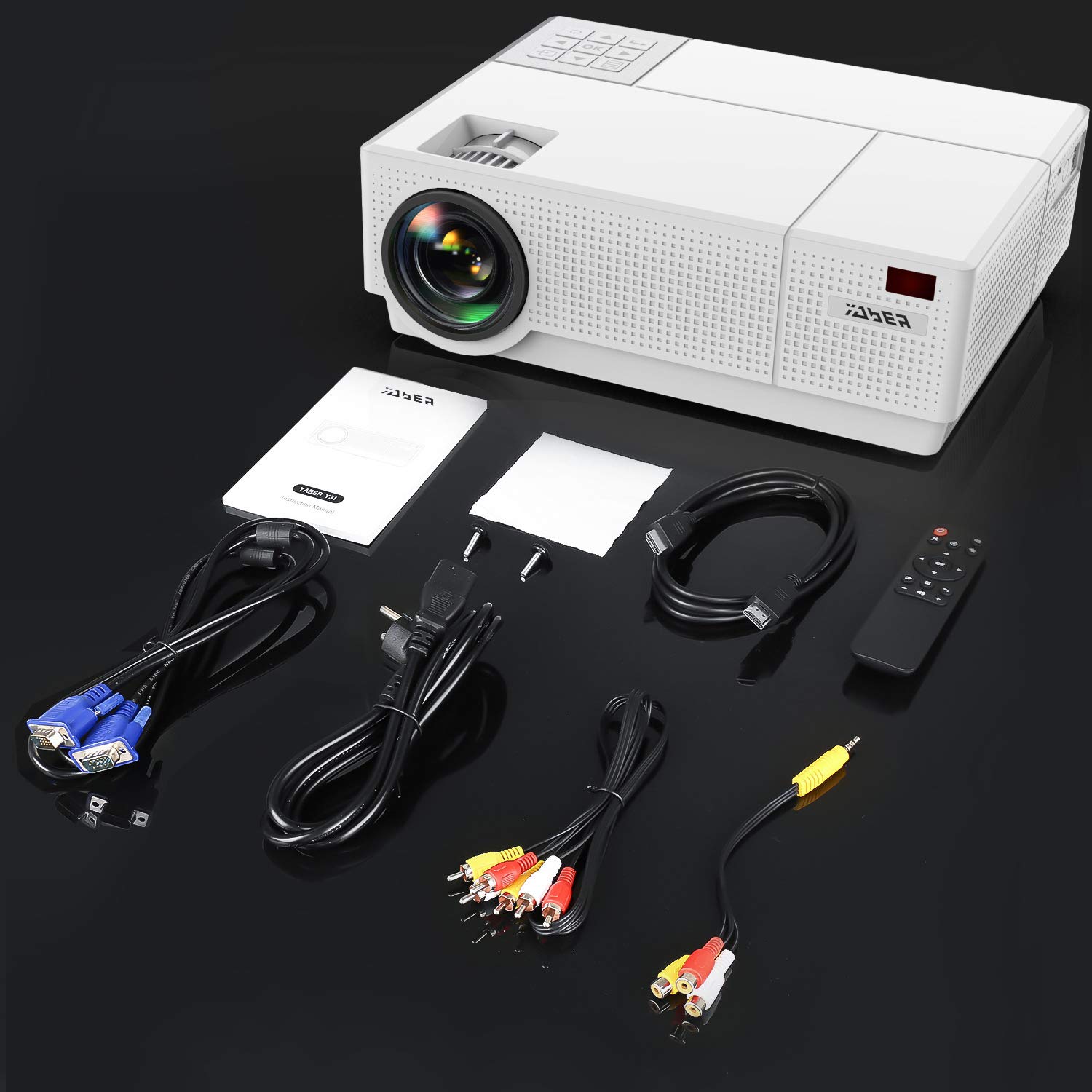YABER Proiettore, 7200 Lumen Videoproiettore 1080P Nativa (1920x1080) ±50° Trapezoidale Correzione Led Full Hd 350" Videoproiettore Domestico Per Iphone, Smartphone, Pc, Tvbox, Laptop, Ps4