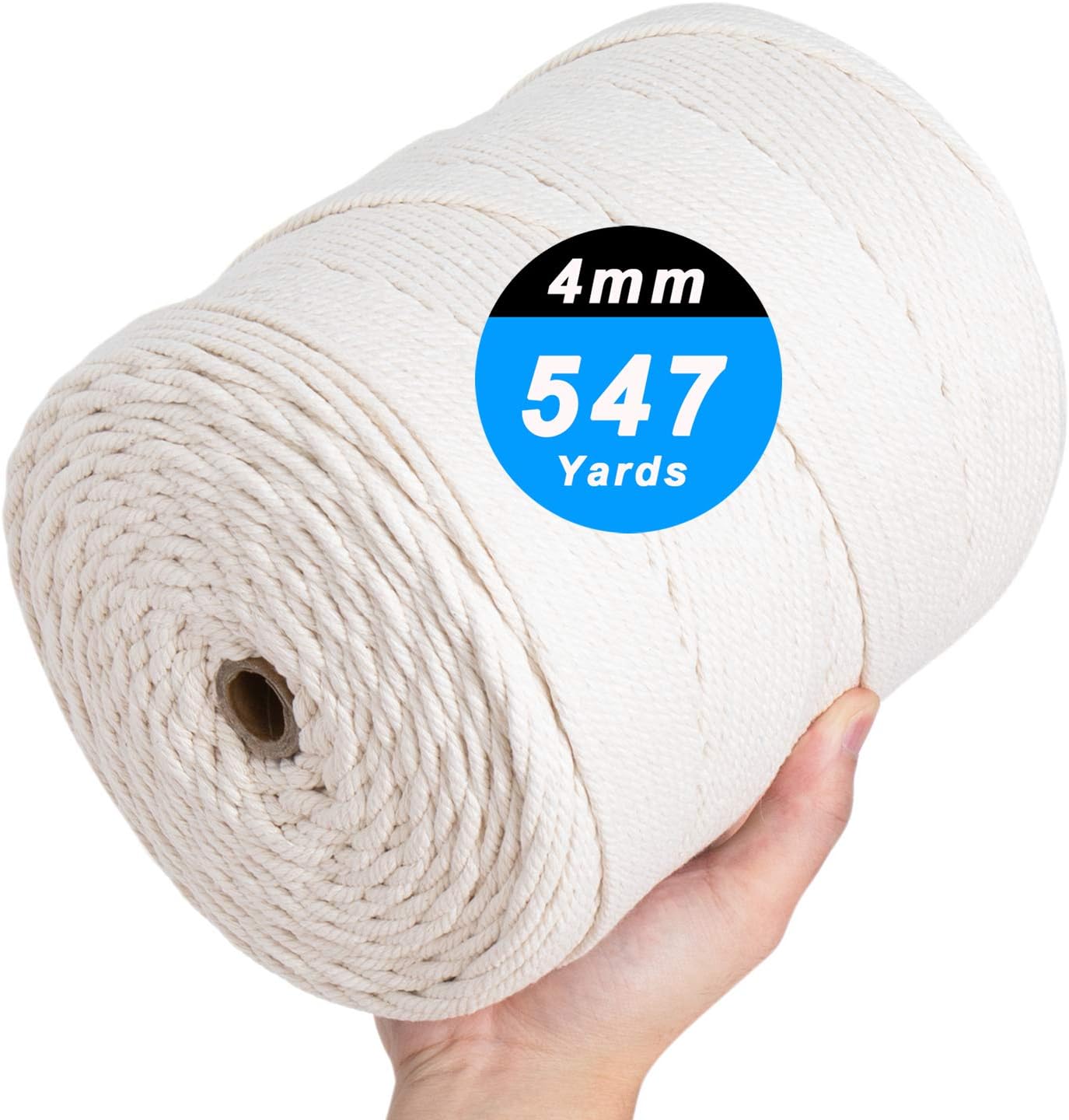 Macrame Cord 4mm x 547Yards, Natural Cotton Macrame Rope - 4 Strands Twisted Macrame Cotton Cord for Wall Hanging, Plant Hangers, Crafts, Gift Wrapping and Wedding Decorations（4mmX500m）