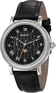 BERNY Watch for Men Wrist Watch Moon Phase Analog Quartz Watches Casual Watches 3ATM Waterproof Genuine Leather Strap