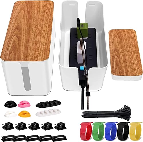 YUANYE Paquete de 2 cajas de organización de cables con 122 clips para cables, caja organizadora de cables grande para computadora, enrutador,