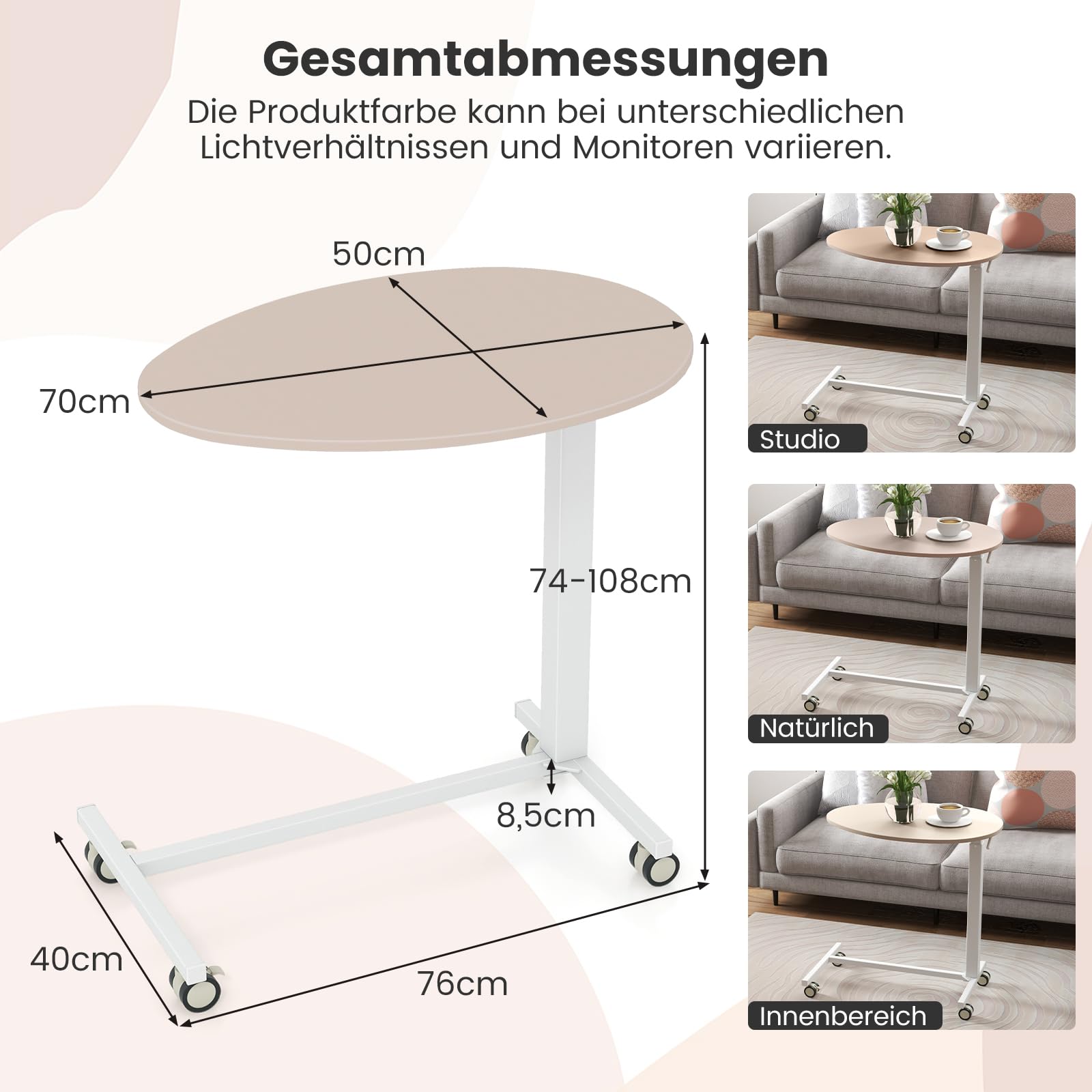 RELAX4LIFE Beistelltisch Höhenverstellbar, Couchtisch C-Form mit Rollen, Laptoptisch 75 kg statische belastbar, Sofatisch Metallgestell für Wohnzimmer Schlafzimmer Büro,76x 50x 74-108cm, hellrosa+weiß Küche, Haushalt & Wohnen
