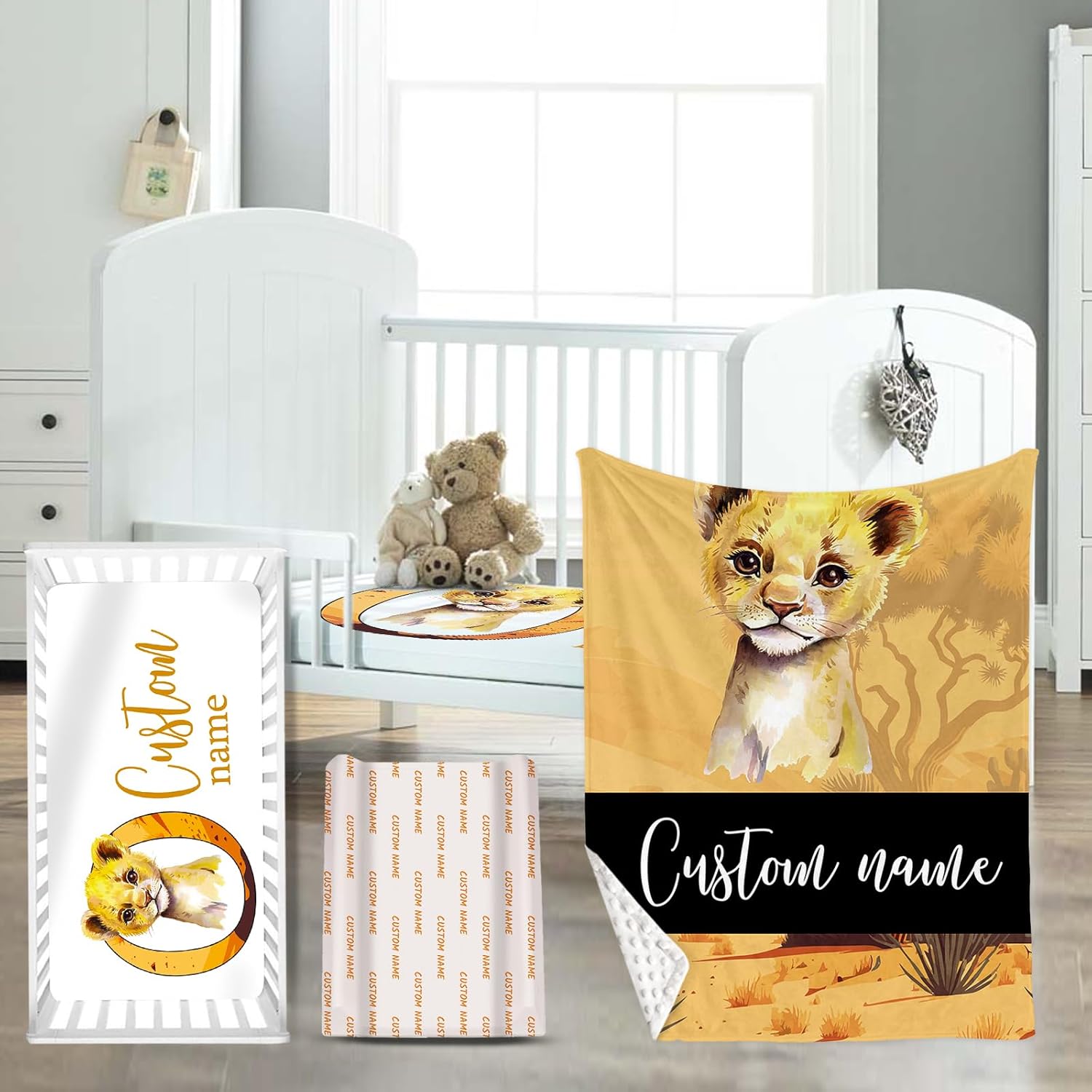 Personalized Name Crib Bedding Set for Infant Baby, Custom Nursery Decor Baby Blanket Fitted Crib Sheet Changing Pad Cover 3 Pcs, Yellow Lion Theme