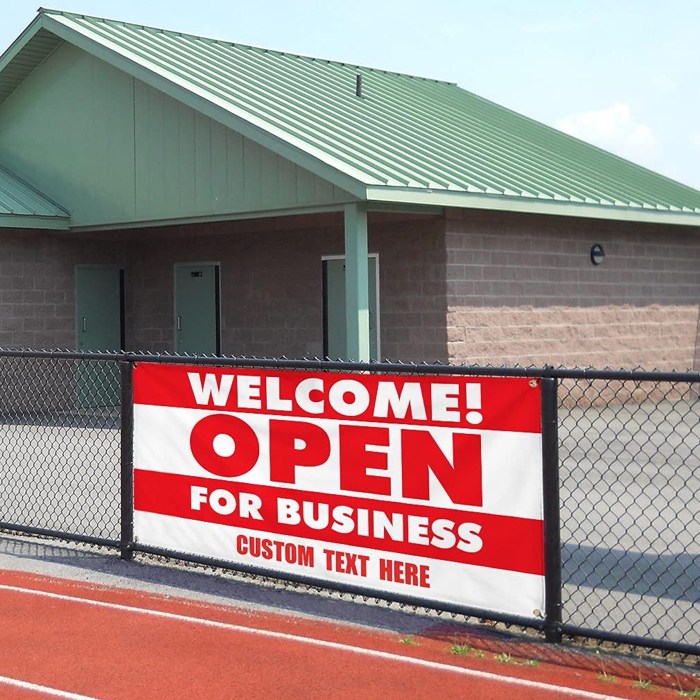 Custom Vinyl Banner Multiple Sizes Welcome Open for Business #1 Now Open Outdoor Weatherproof Industrial Yard Signs 4 Grommets Personalized Text Here 24x36Inches