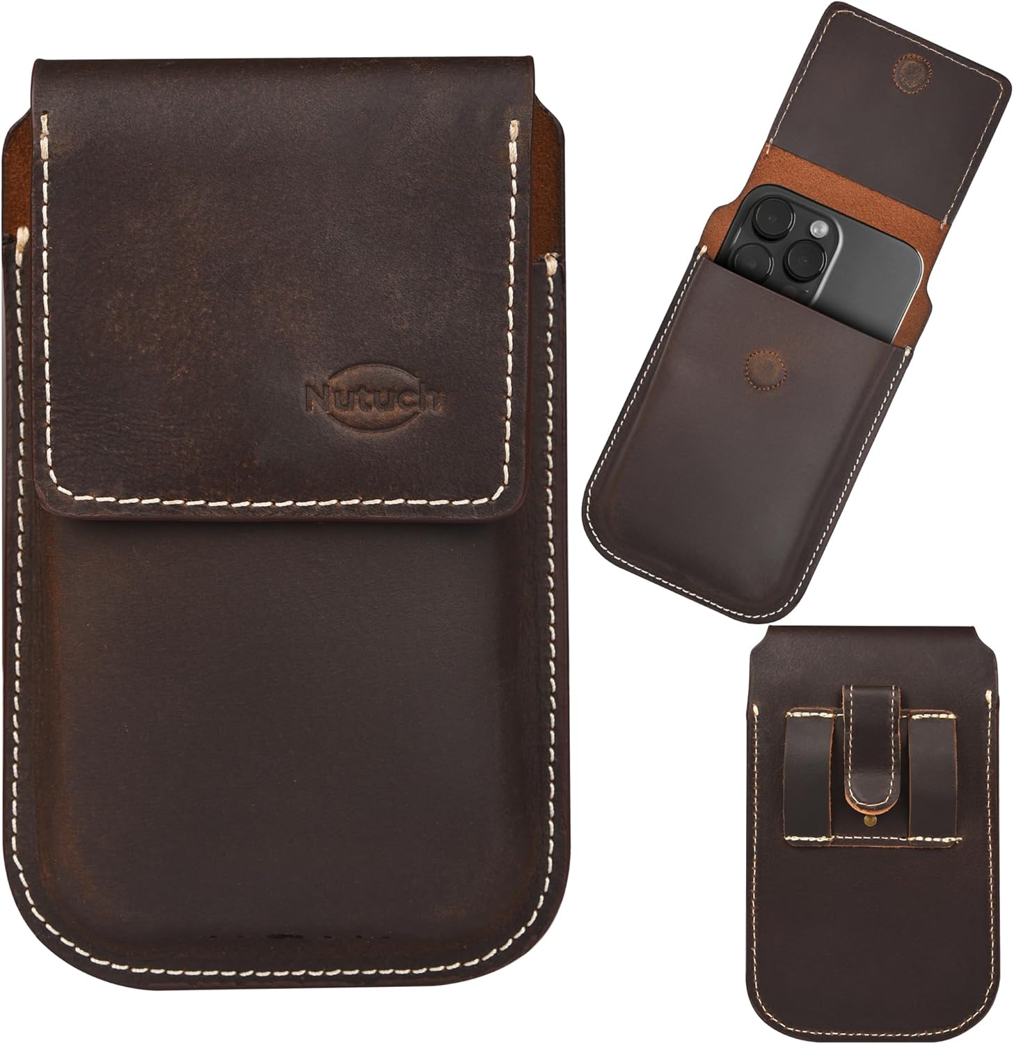 NUTUCH Genuine Leather Phone Holster with Belt Clip Cell Phone Pouch for iPhone